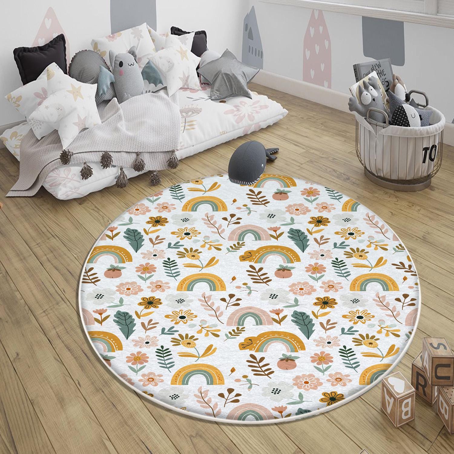 Round Colourful Floral Nursery Room Rug|Bestselling Kids Room Rugs|Handmade Kid's Carpets|Handmade Kids Room Rug|Cute Boho Baby Rugs