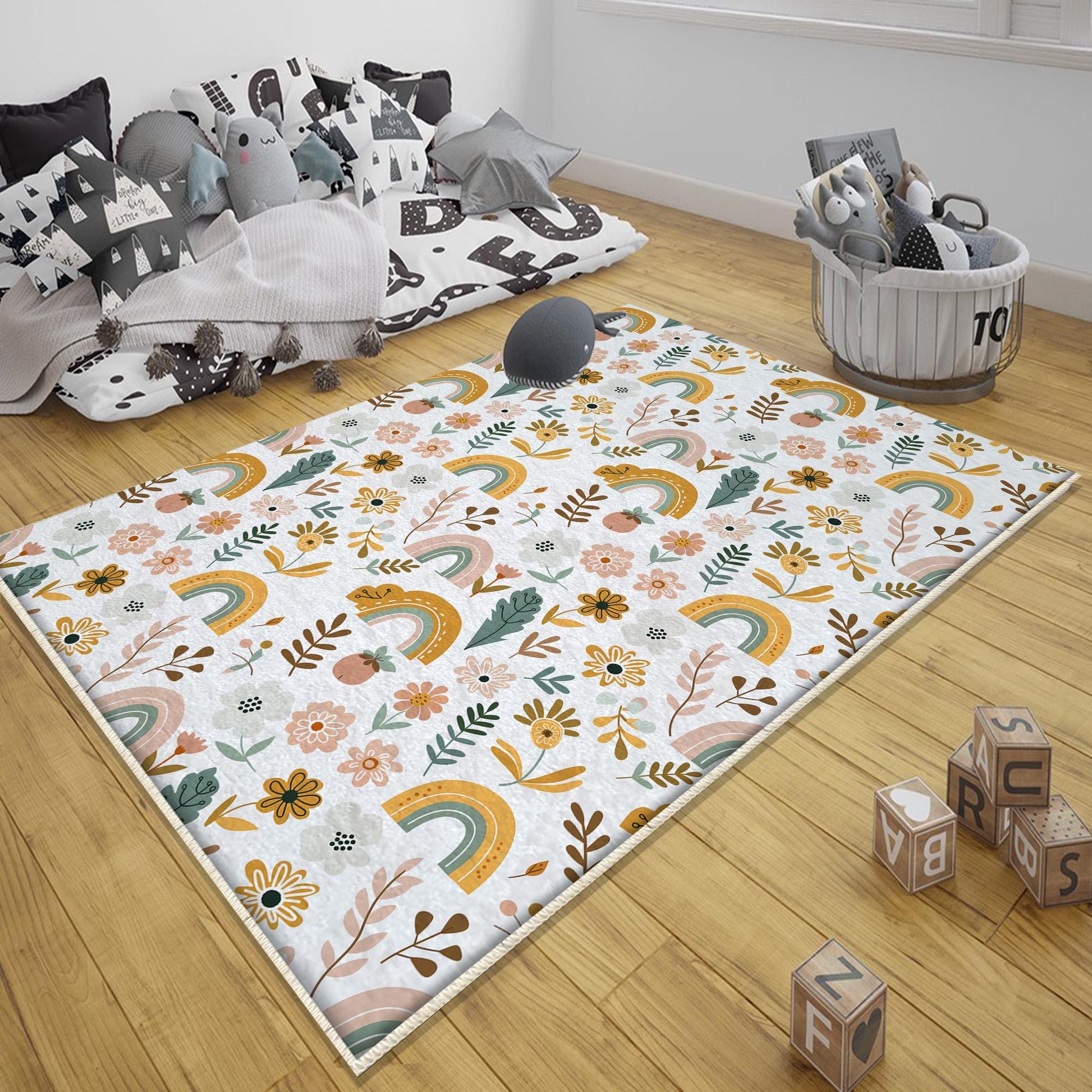 Round Colourful Floral Nursery Room Rug|Bestselling Kids Room Rugs|Handmade Kid's Carpets|Handmade Kids Room Rug|Cute Boho Baby Rugs