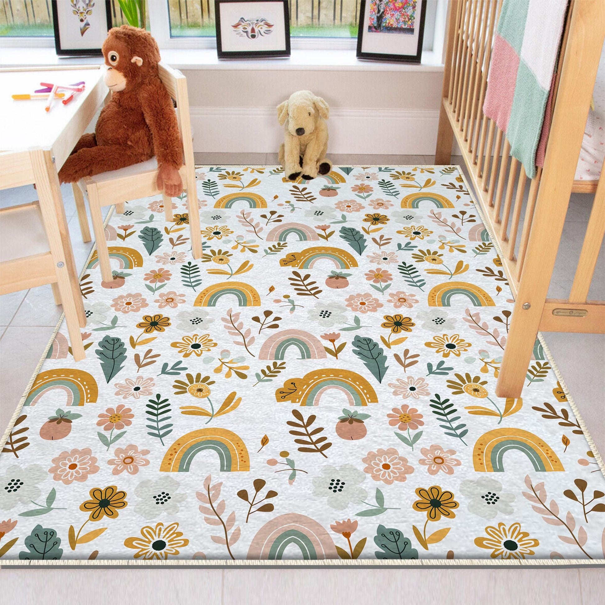 Round Colourful Floral Nursery Room Rug|Bestselling Kids Room Rugs|Handmade Kid's Carpets|Handmade Kids Room Rug|Cute Boho Baby Rugs