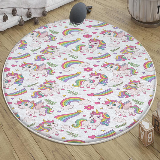Round Unicorn Rainbow Nursery Girl Room Rug|Bestselling Kids Room Rugs|Handmade Kid's Carpets|Handmade Kids Room Rug|Cute Boho Baby Rugs