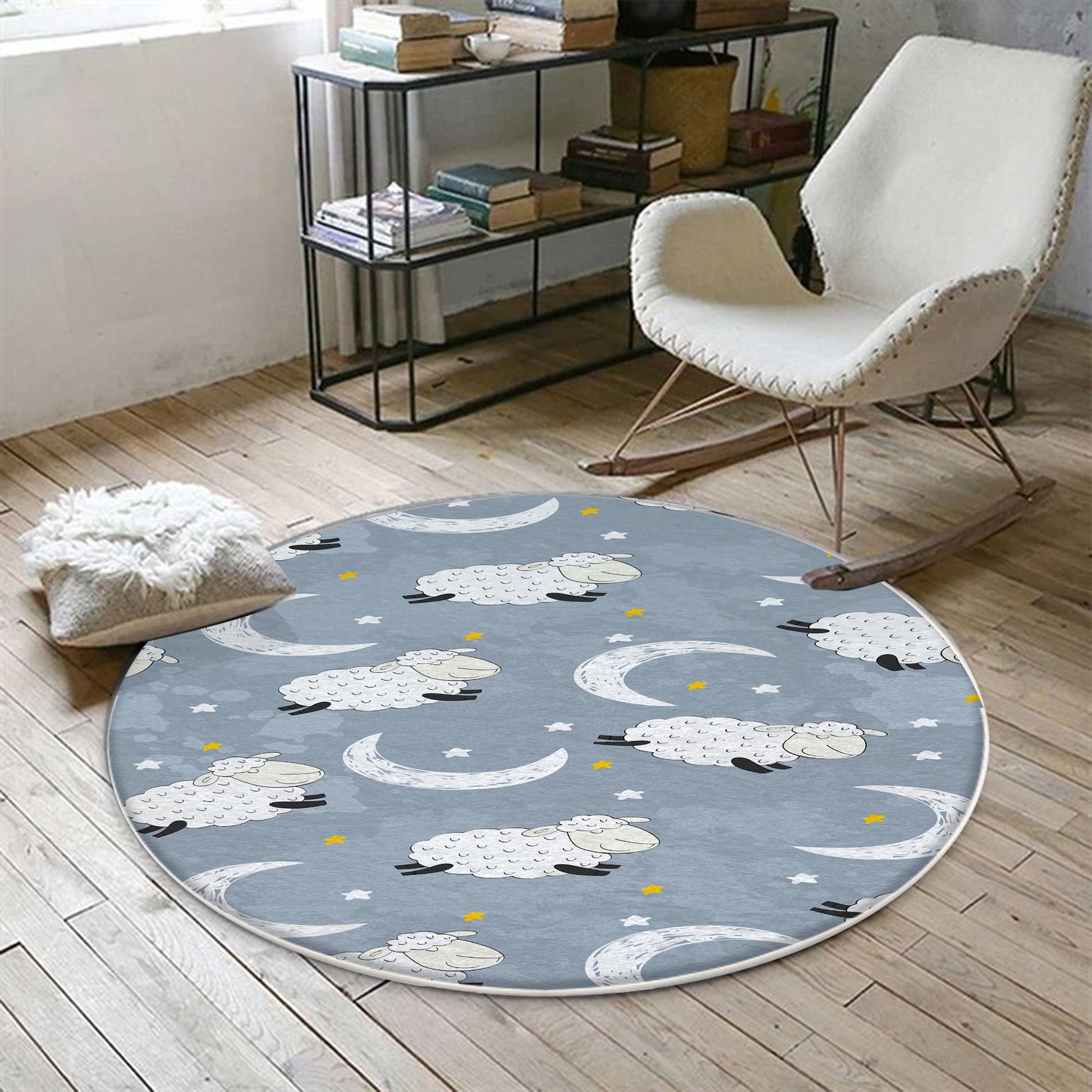 Round Blue White Lamb Moon Star Nursery Room Rug|Bestselling Kids Room Rugs|Handmade Kid's Carpets|Handmade Kids Room Rug|Cute Baby Rugs