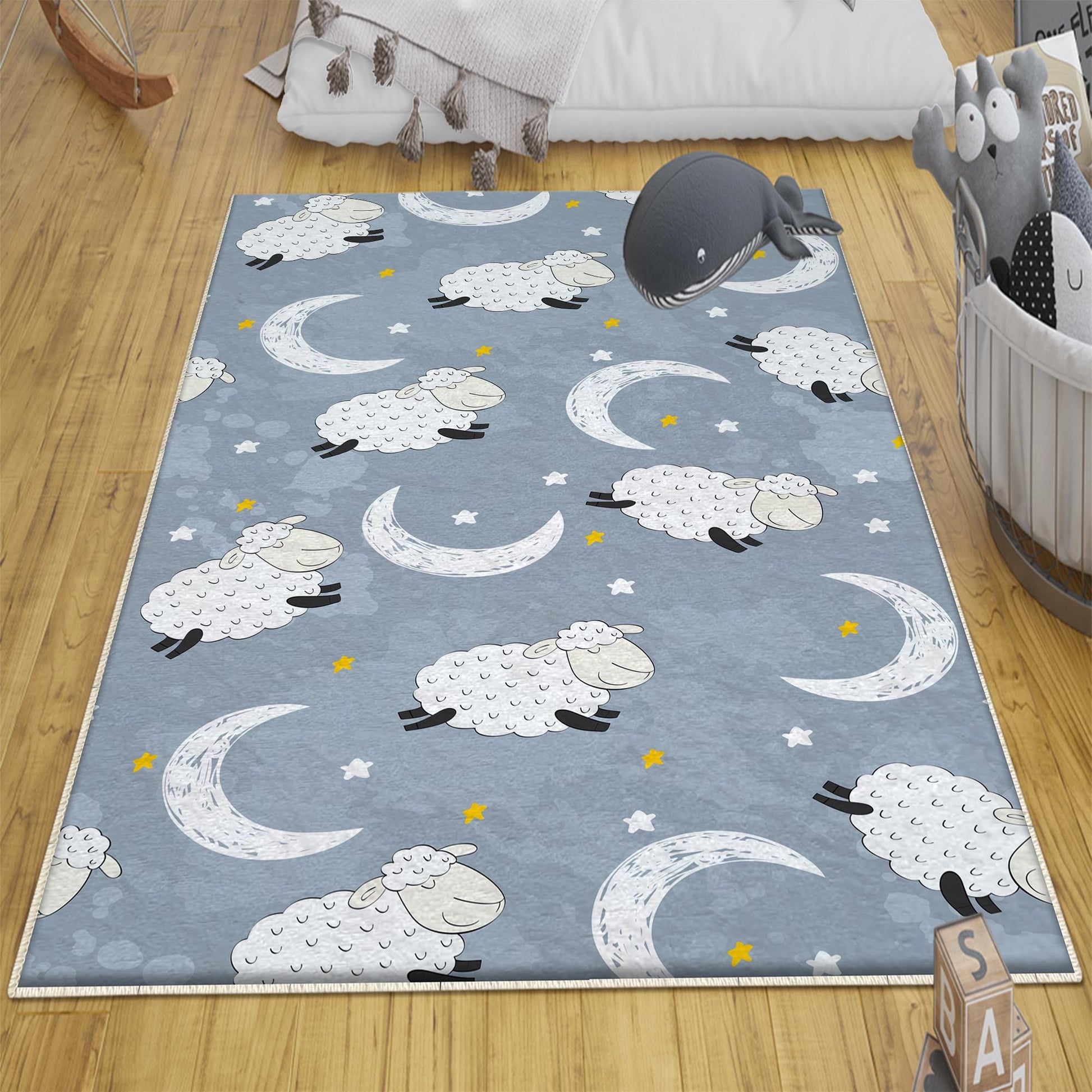 Round Blue White Lamb Moon Star Nursery Room Rug|Bestselling Kids Room Rugs|Handmade Kid's Carpets|Handmade Kids Room Rug|Cute Baby Rugs