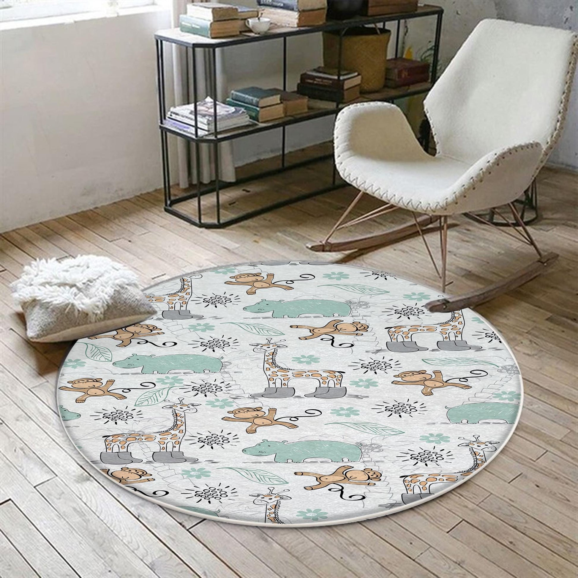 Round Giraffe Monkey Jungle Nursery Room Rug|Bestselling Kids Room Rugs|Handmade Kid's Carpets|Handmade Kids Room Rug|Cute Animals Baby Rugs