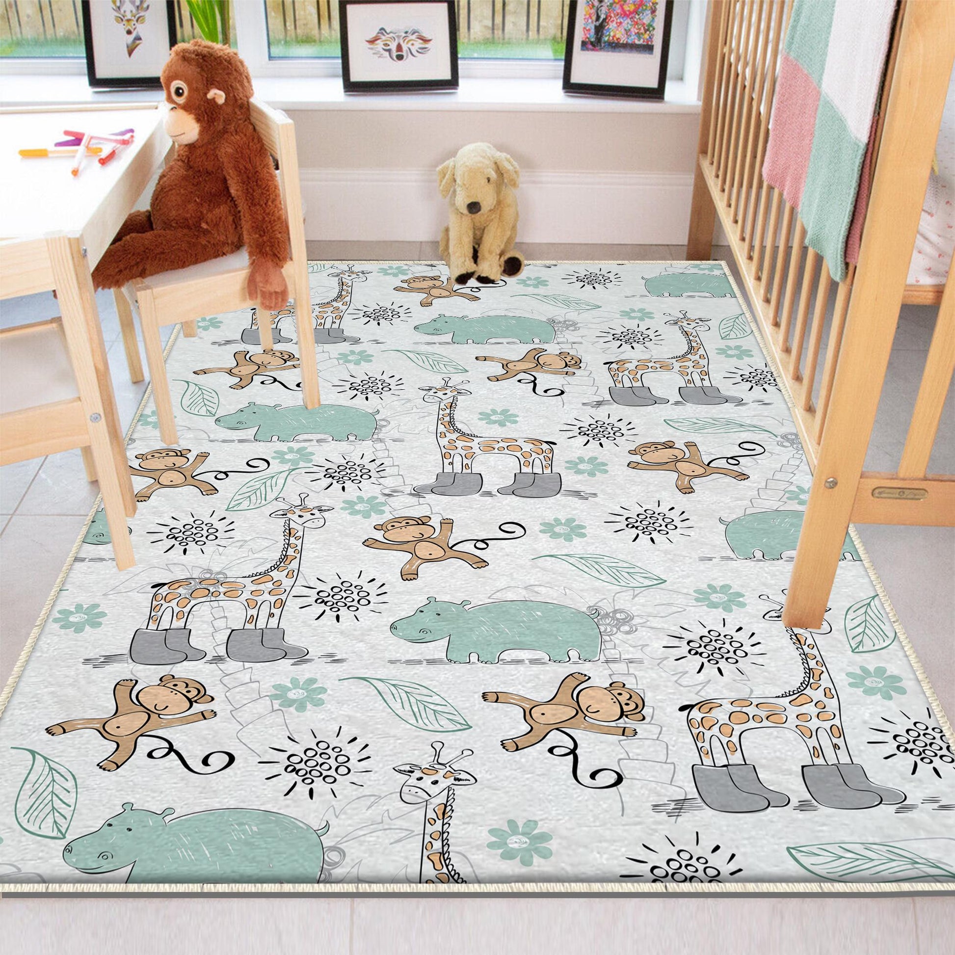 Round Giraffe Monkey Jungle Nursery Room Rug|Bestselling Kids Room Rugs|Handmade Kid's Carpets|Handmade Kids Room Rug|Cute Animals Baby Rugs