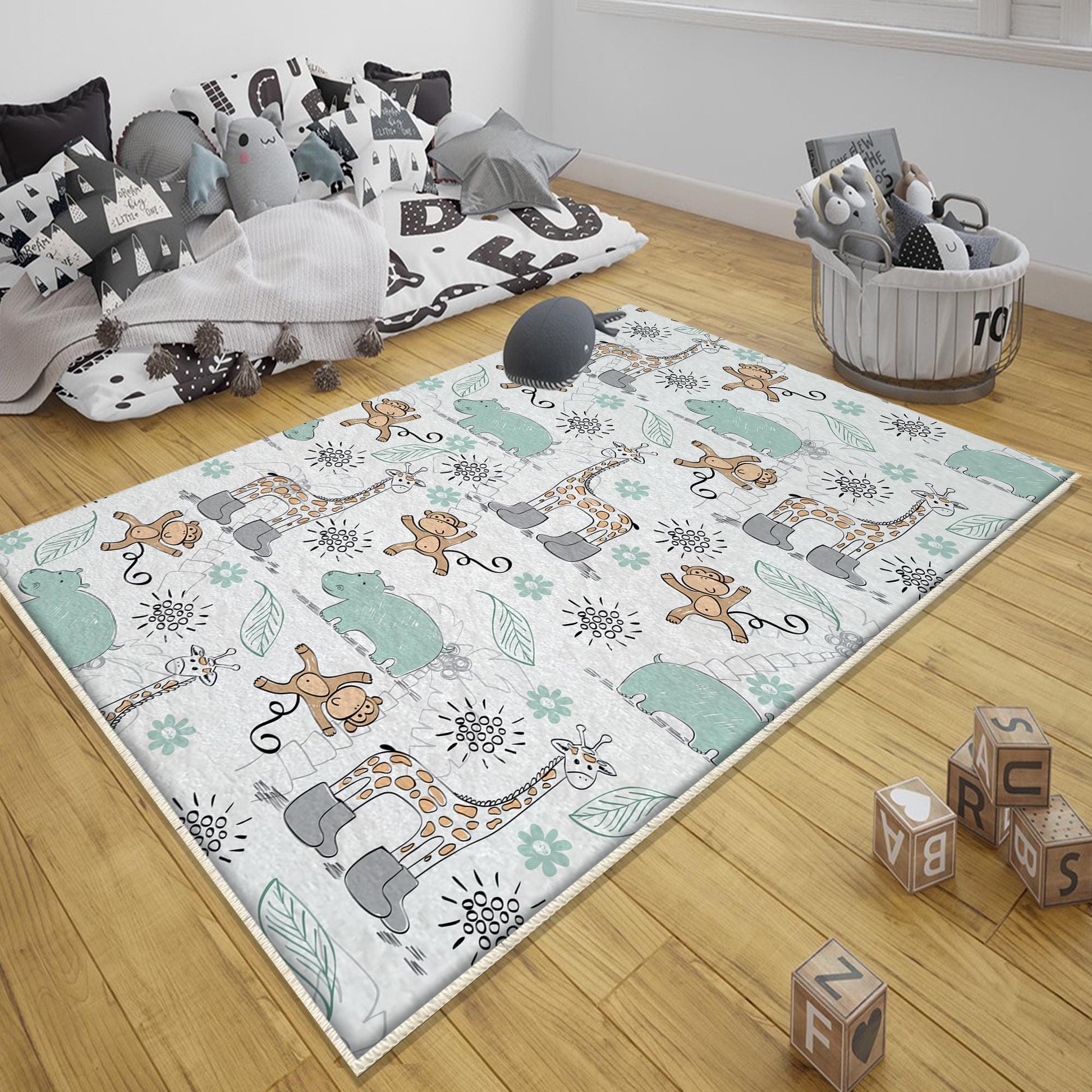 Round Giraffe Monkey Jungle Nursery Room Rug|Bestselling Kids Room Rugs|Handmade Kid's Carpets|Handmade Kids Room Rug|Cute Animals Baby Rugs