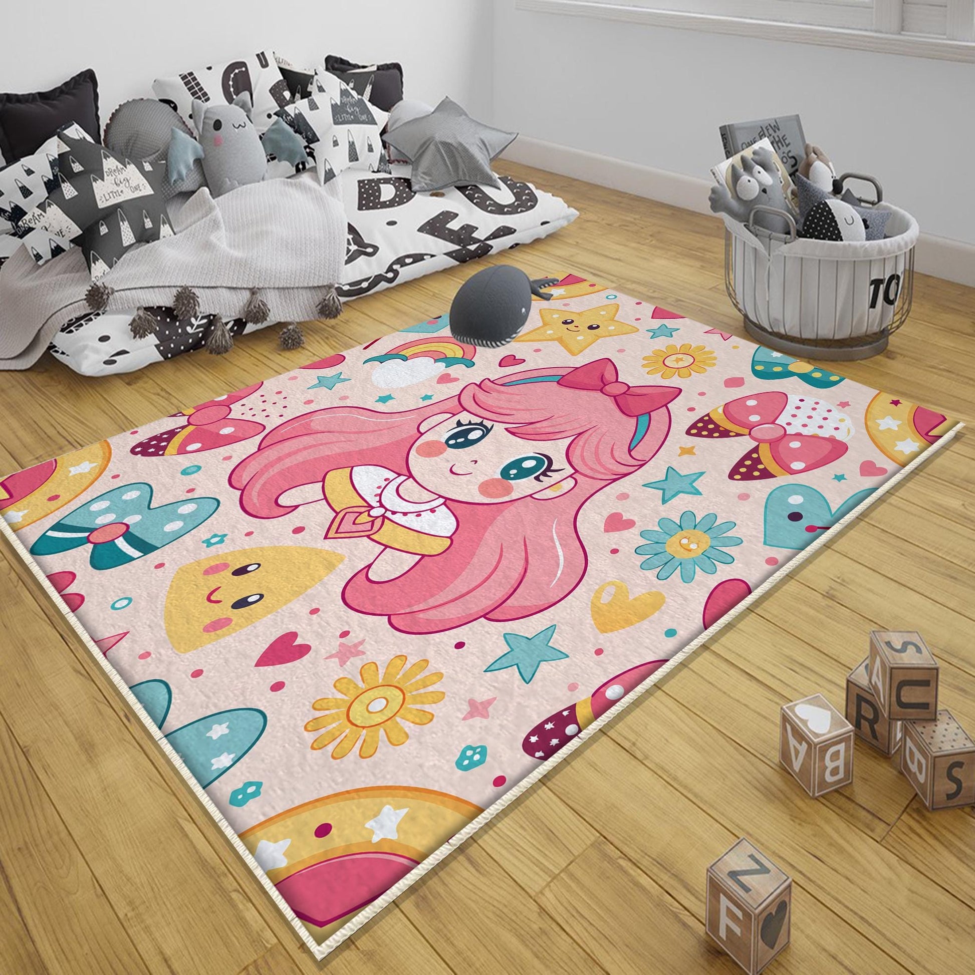 Round Colorful Cute Girl Nursery Room Rug, Cute Rainbow Rug For Kids Room, Playground Rug, Baby Rug, Nursery Decor with pillow case gift