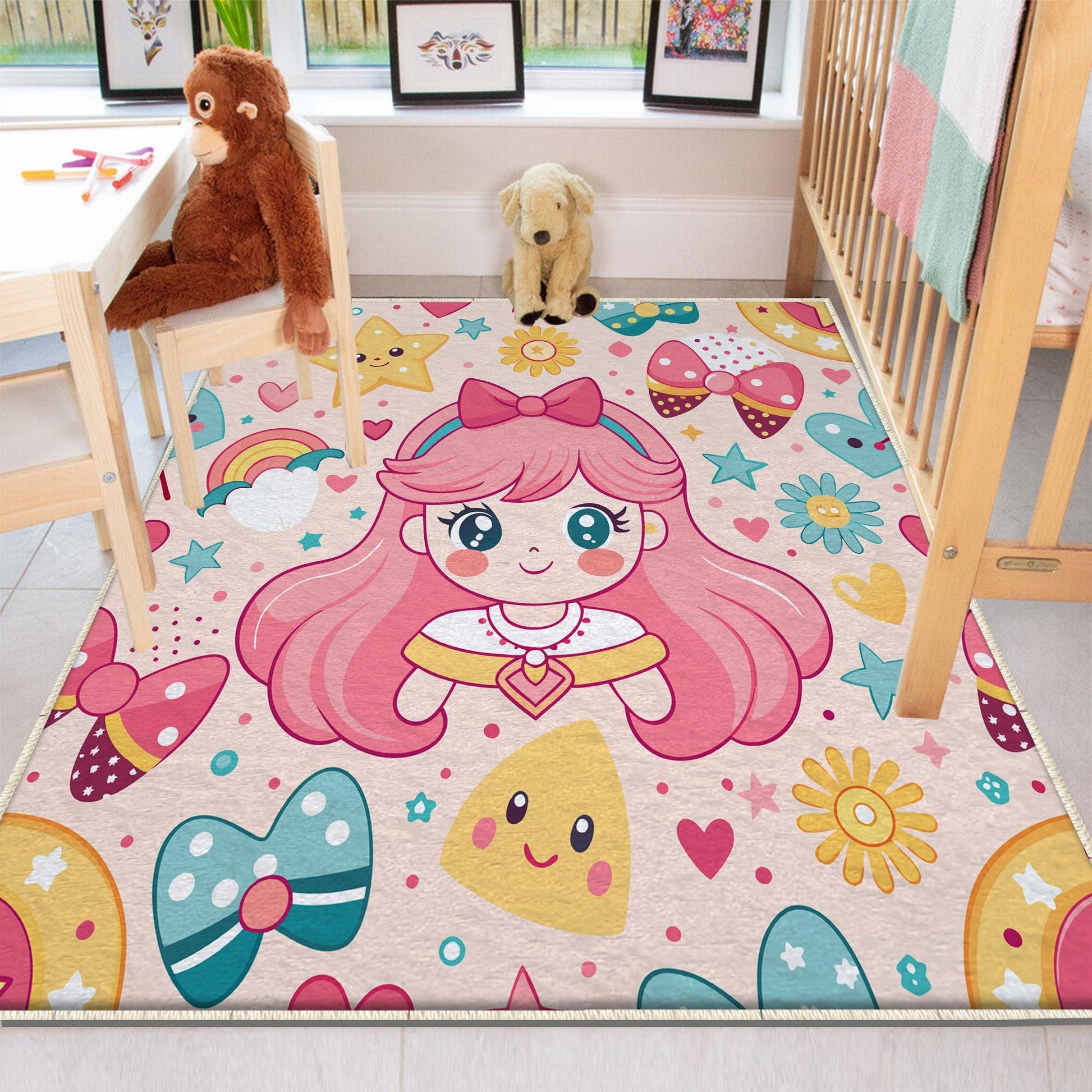 Round Colorful Cute Girl Nursery Room Rug, Cute Rainbow Rug For Kids Room, Playground Rug, Baby Rug, Nursery Decor with pillow case gift