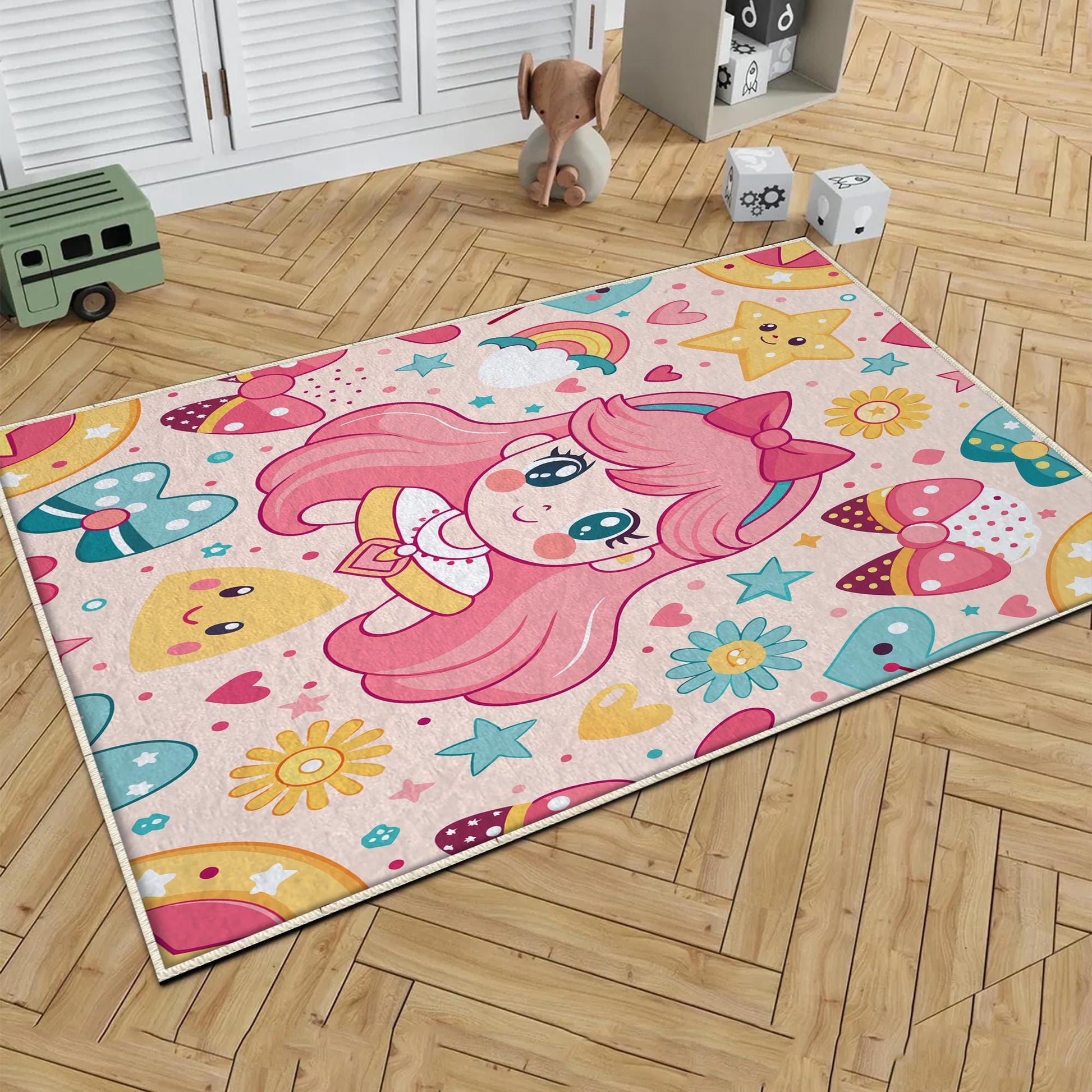 Round Colorful Cute Girl Nursery Room Rug, Cute Rainbow Rug For Kids Room, Playground Rug, Baby Rug, Nursery Decor with pillow case gift