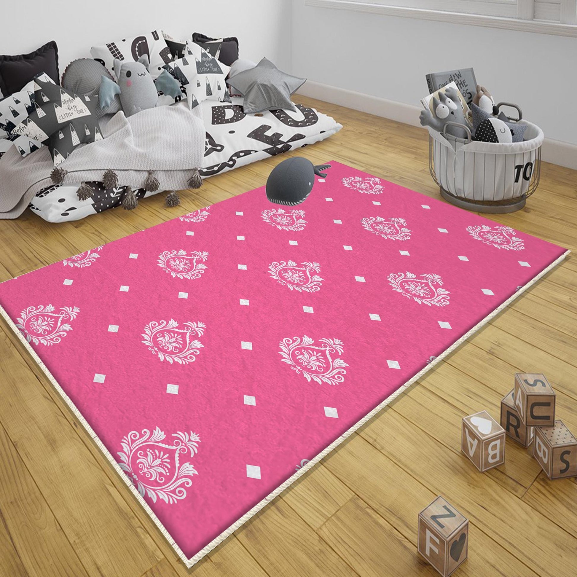 Round Pink White Girl Nursery Room Rug, Cute Rainbow Rug For Kids Room, Playground Rug, Baby Rug, Nursery Decor with pillow case gift