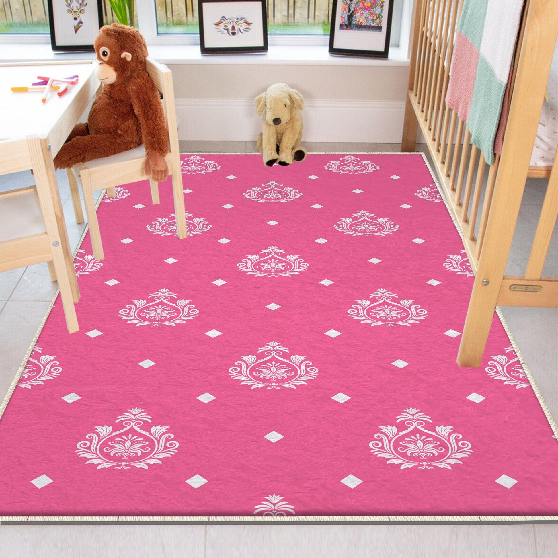 Round Pink White Girl Nursery Room Rug, Cute Rainbow Rug For Kids Room, Playground Rug, Baby Rug, Nursery Decor with pillow case gift