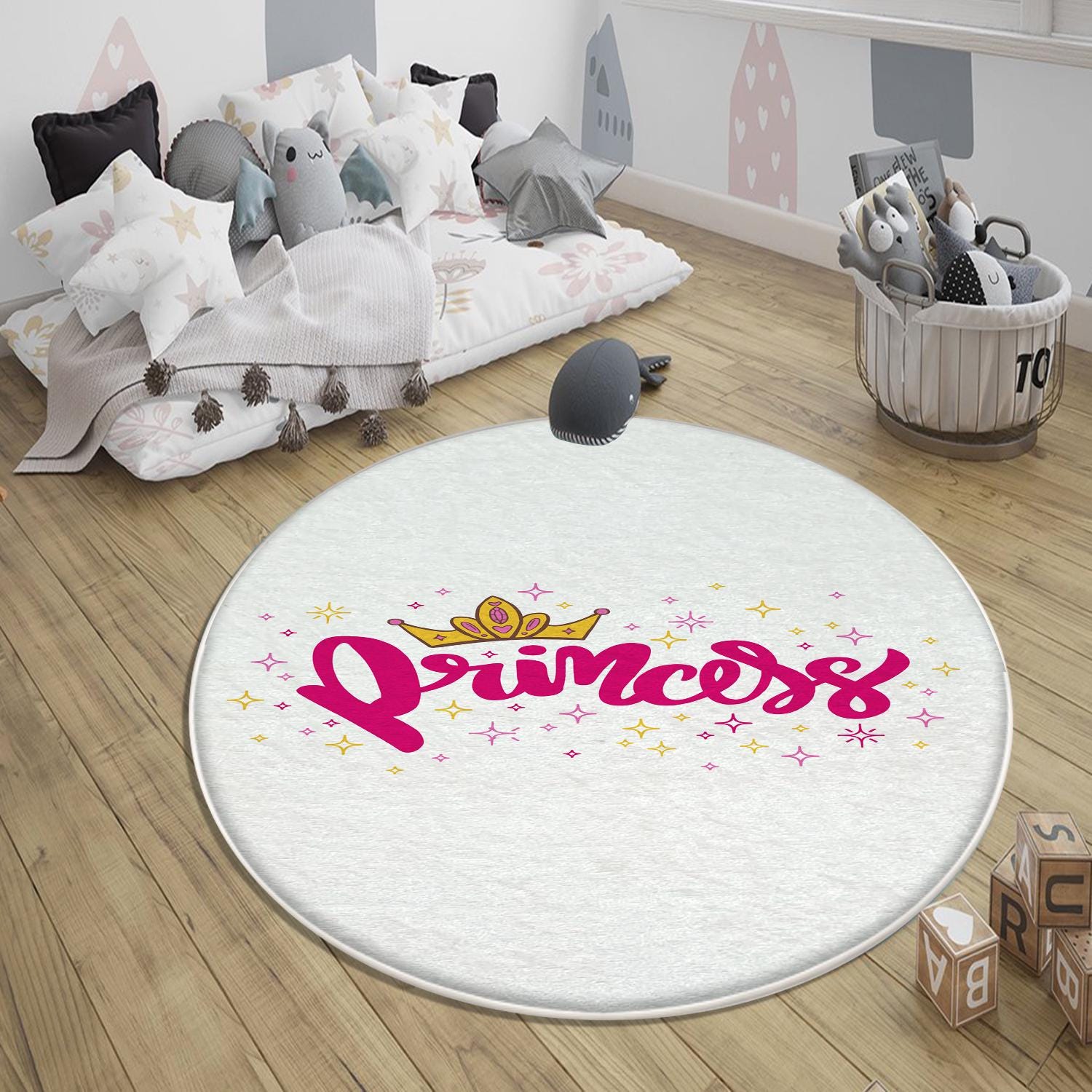 Round White Pink Princess Nursery Room Rug, Cute Rainbow Rug For Kids Room, Playground Rug, Baby Rug, Nursery Decor with pillow case gift