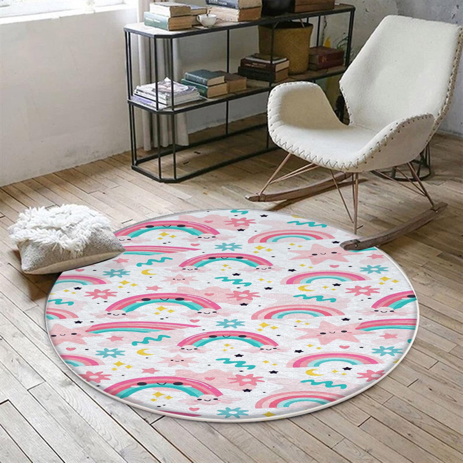 Round Rainbow Clouds Stars Nursery Room Rug, Cute Girl Rug For Kids Room, Playground Rug, Baby Rug, Nursery Decor with pillow case gift