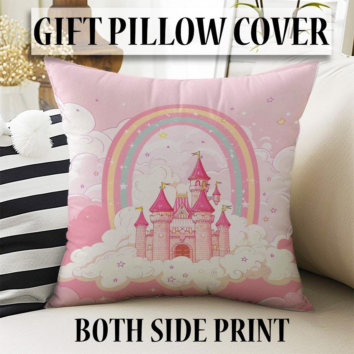 Round Princess Castle Pink Nursery Room Rug, Cute Girl Rug For Kids Room, Playground Rug, Baby Rug, Nursery Decor with pillow case gift