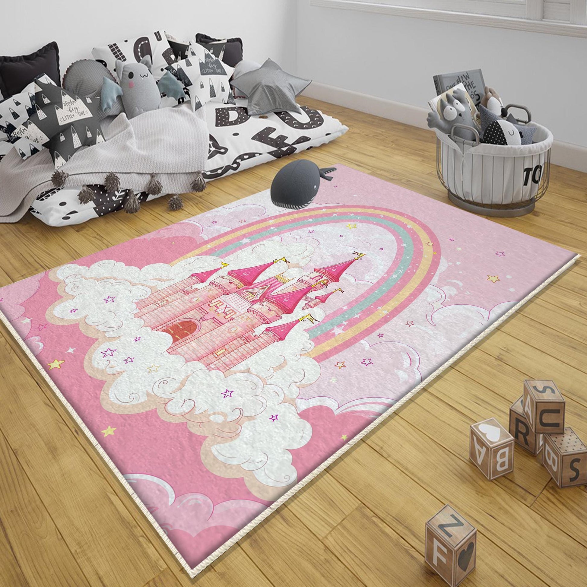 Round Princess Castle Pink Nursery Room Rug, Cute Girl Rug For Kids Room, Playground Rug, Baby Rug, Nursery Decor with pillow case gift