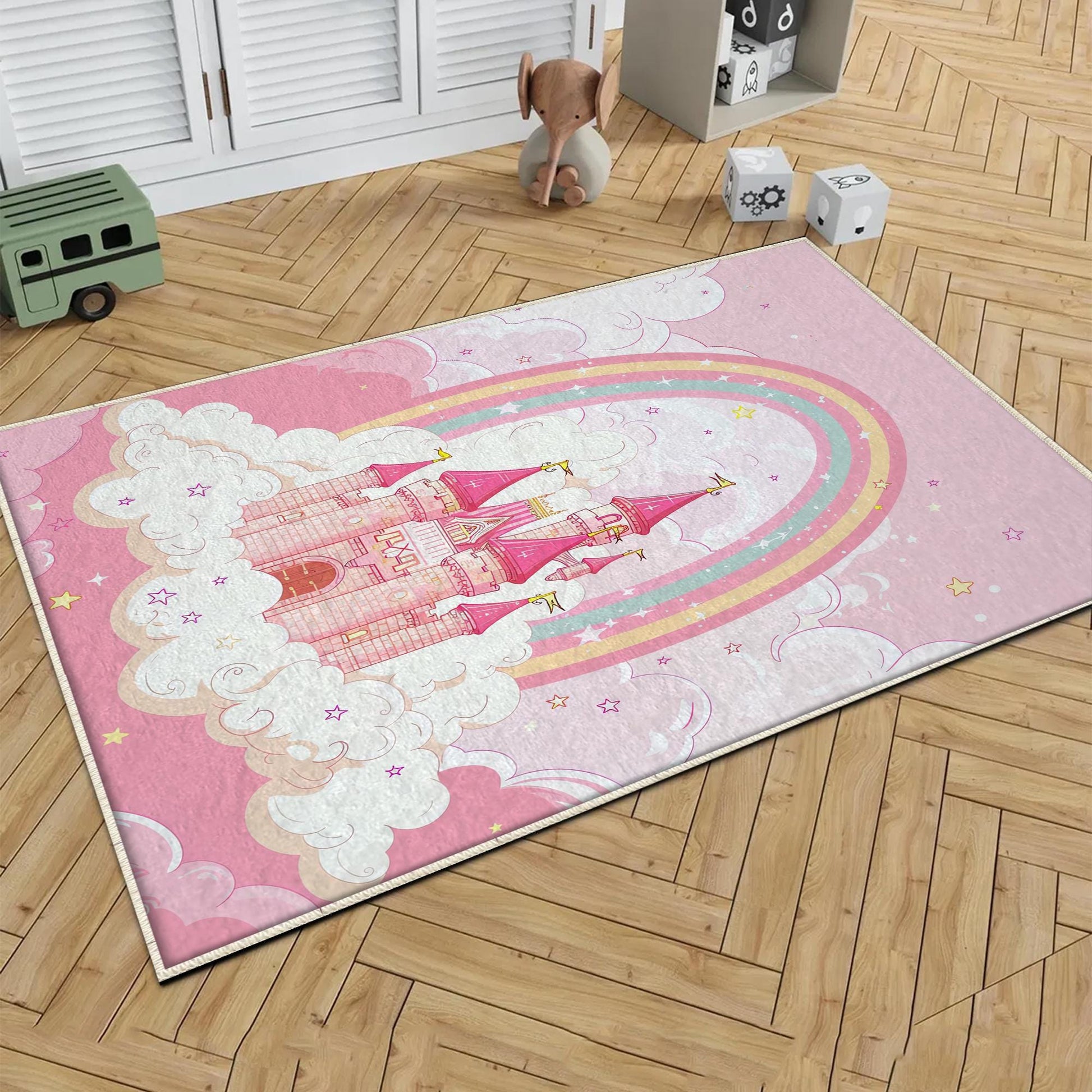 Round Princess Castle Pink Nursery Room Rug, Cute Girl Rug For Kids Room, Playground Rug, Baby Rug, Nursery Decor with pillow case gift