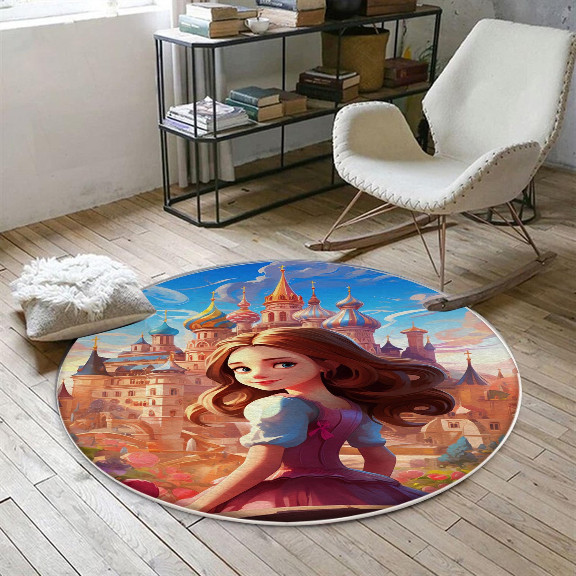 Round Medieval Princess Castle Kids Room Rug, Cute Girl Rug For Kids Room, Playground Rug, Baby Rug, Kids Girl Decor with pillow case gift