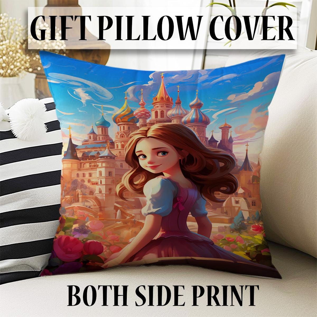 Round Medieval Princess Castle Kids Room Rug, Cute Girl Rug For Kids Room, Playground Rug, Baby Rug, Kids Girl Decor with pillow case gift