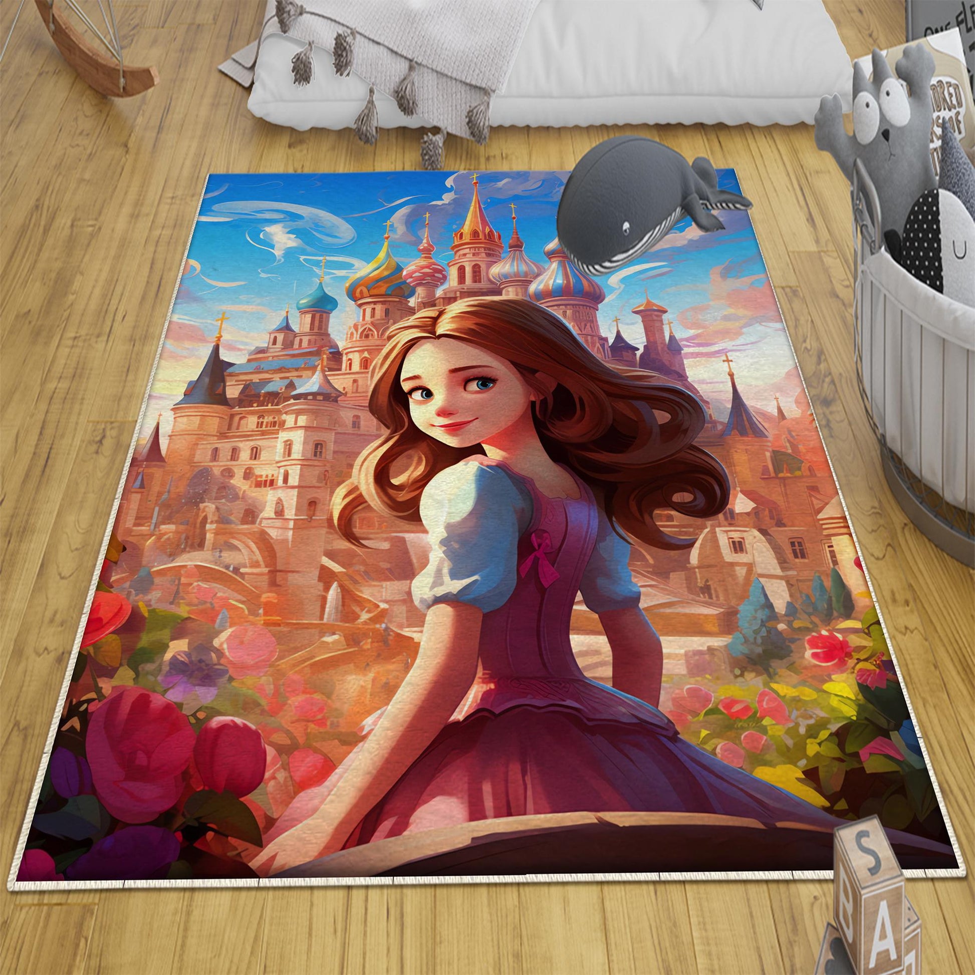 Round Medieval Princess Castle Kids Room Rug, Cute Girl Rug For Kids Room, Playground Rug, Baby Rug, Kids Girl Decor with pillow case gift