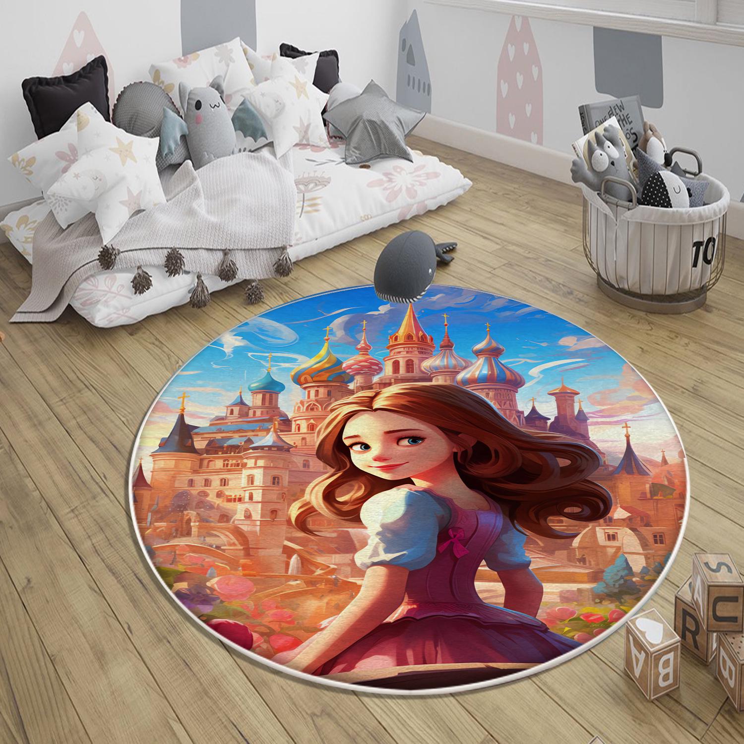 Round Medieval Princess Castle Kids Room Rug, Cute Girl Rug For Kids Room, Playground Rug, Baby Rug, Kids Girl Decor with pillow case gift