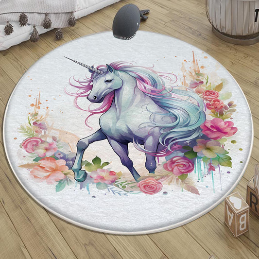 Round Unicorn Horse Flowers Kids Room Rug, Cute Girl Rug For Kids Room, Playground Rug, Baby Rug, Nursery Decor with pillow case gift