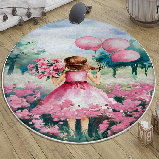 Round Pink Girls Floral Flowers Woodland Child Room Rug, Cute Girl Rug Gift For Kids, Kids Room Decor with pillow case gift