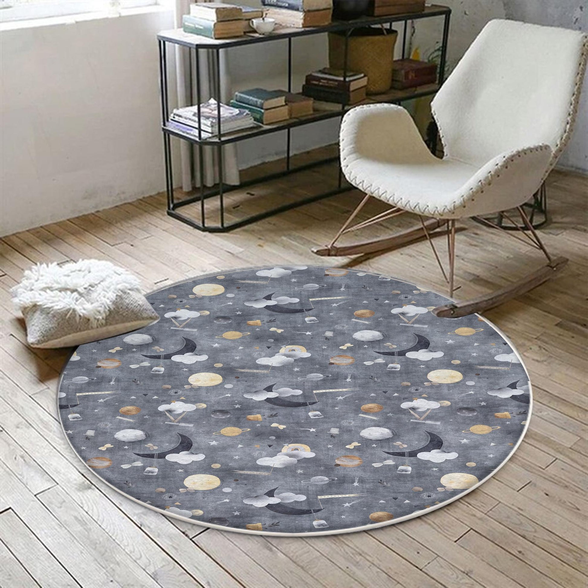 Round Gray Moon Clouds Stars Night Kids Room Rug, Cute Pink Rug Gift For Kids, Kids Room Gift, Kids Room Decor with pillow case gift