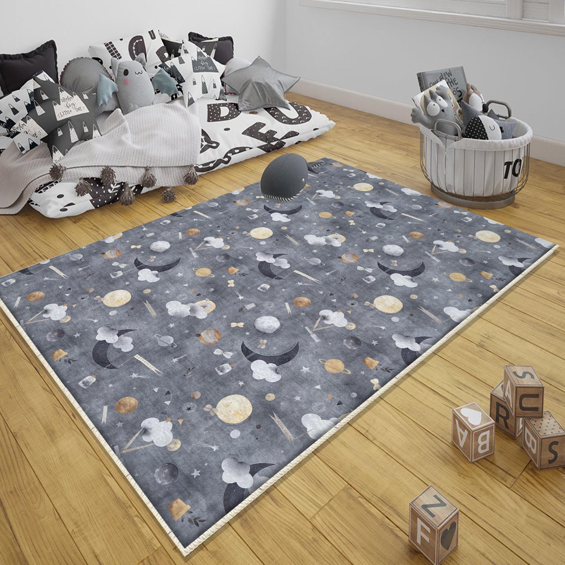 Round Gray Moon Clouds Stars Night Kids Room Rug, Cute Pink Rug Gift For Kids, Kids Room Gift, Kids Room Decor with pillow case gift
