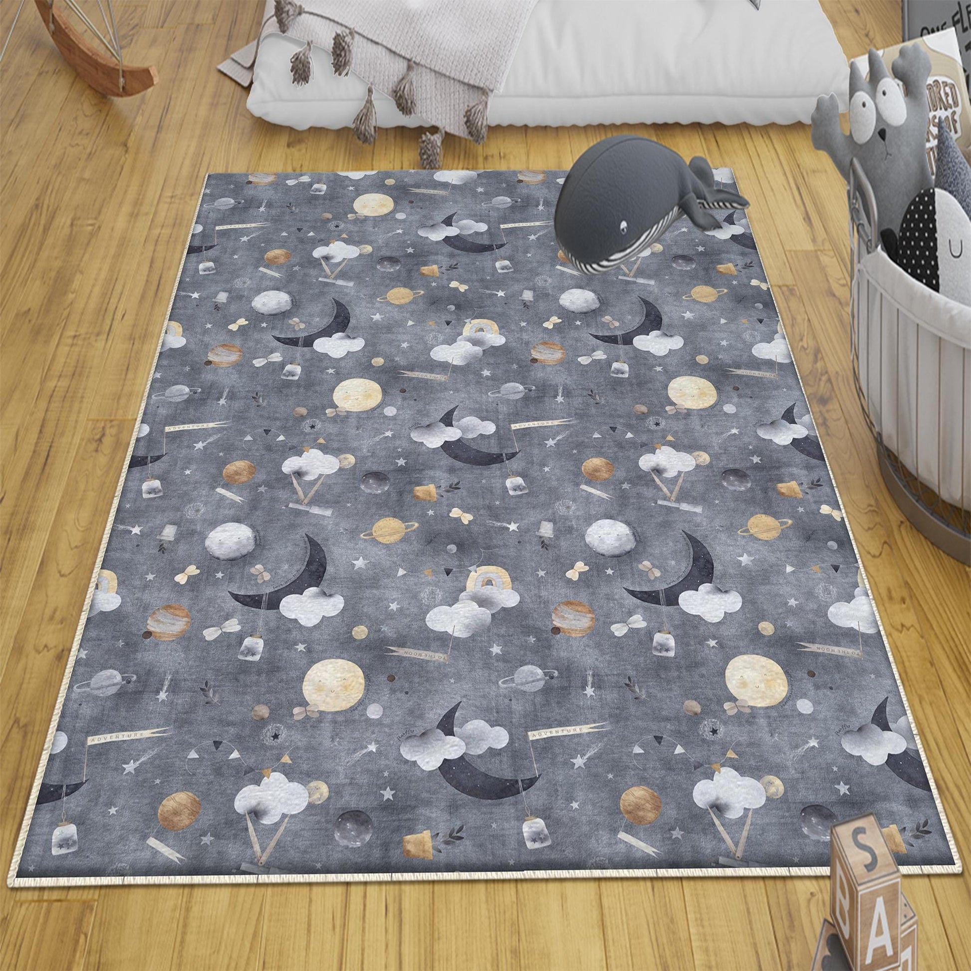 Round Gray Moon Clouds Stars Night Kids Room Rug, Cute Pink Rug Gift For Kids, Kids Room Gift, Kids Room Decor with pillow case gift