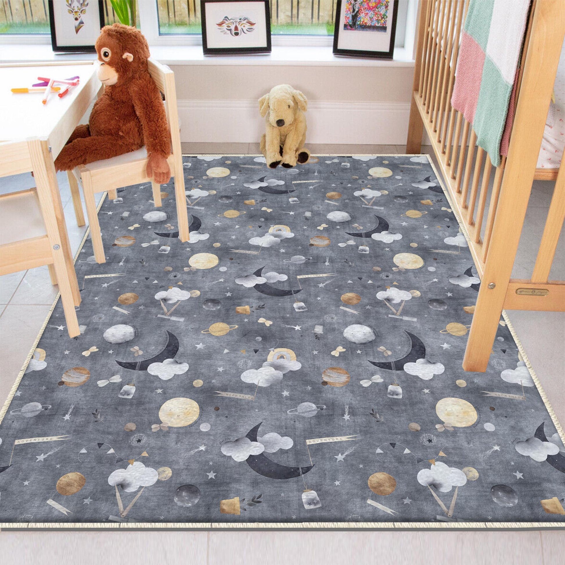 Round Gray Moon Clouds Stars Night Kids Room Rug, Cute Pink Rug Gift For Kids, Kids Room Gift, Kids Room Decor with pillow case gift