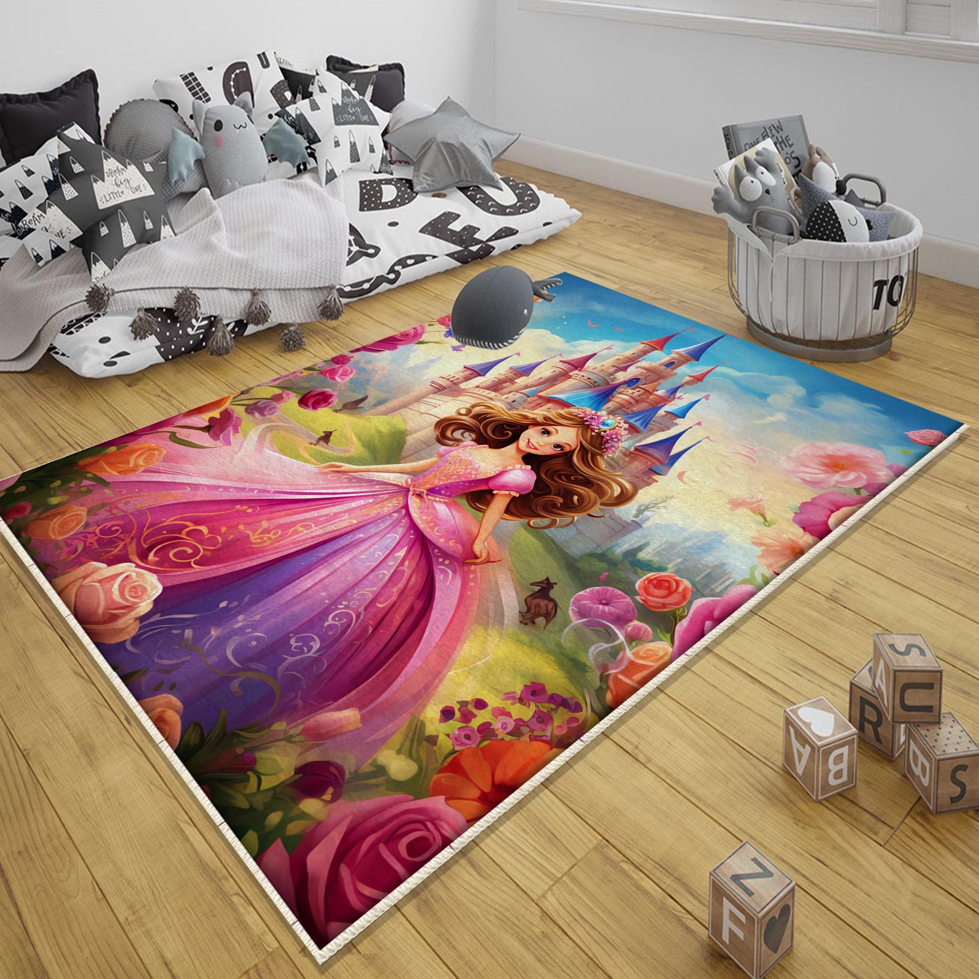 Round Colorful Fairy Princess Medieval Castle Kids Room Rug, Cute Rug Gift For Kids, Kids Room Gift, Kids Room Decor with pillow case gift