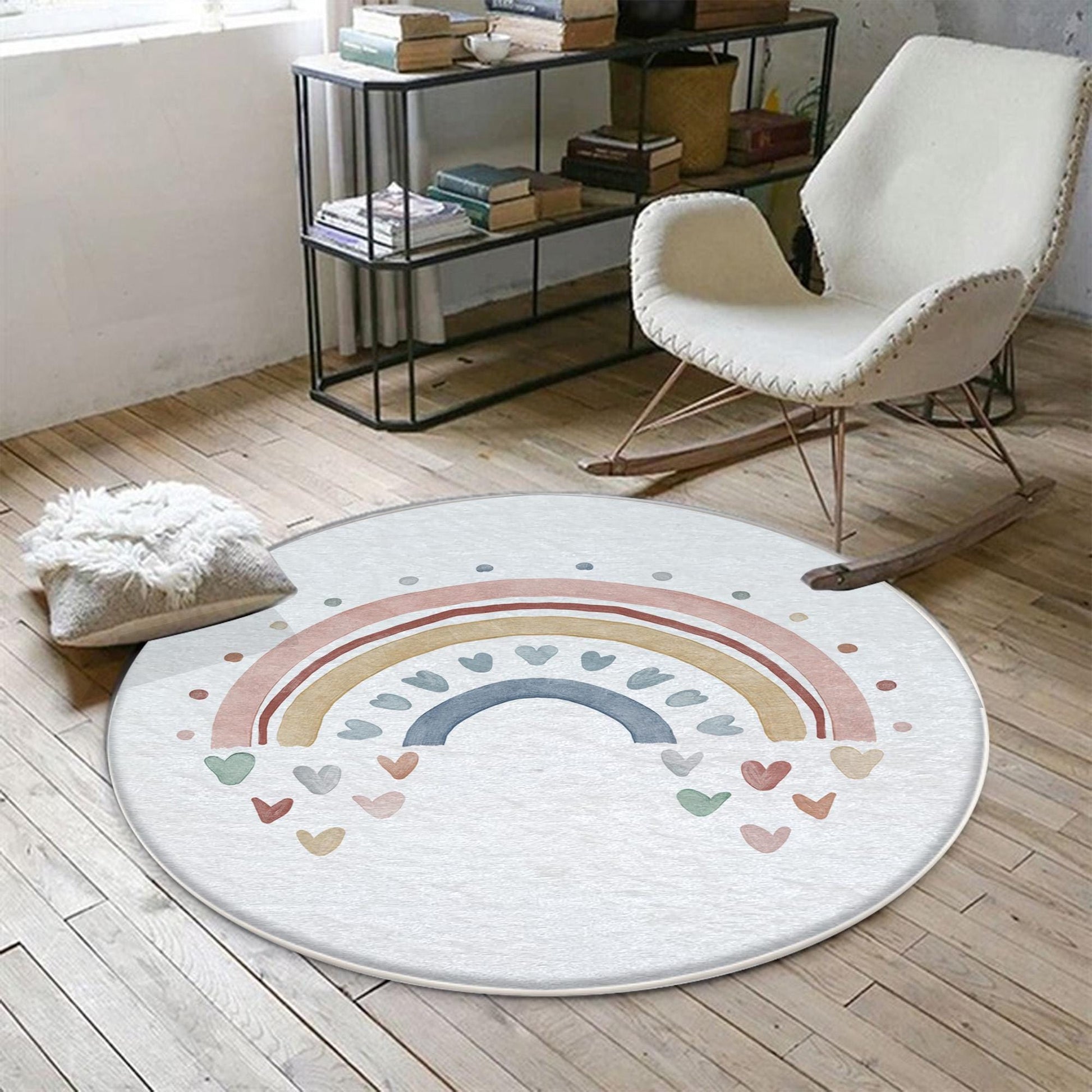 Round Colorful Fairy Rainbow Nursery Room Rug, Cute Pink Rug Gift For Kids, Baby Room Gift, Kids Room Decor with pillow case gift