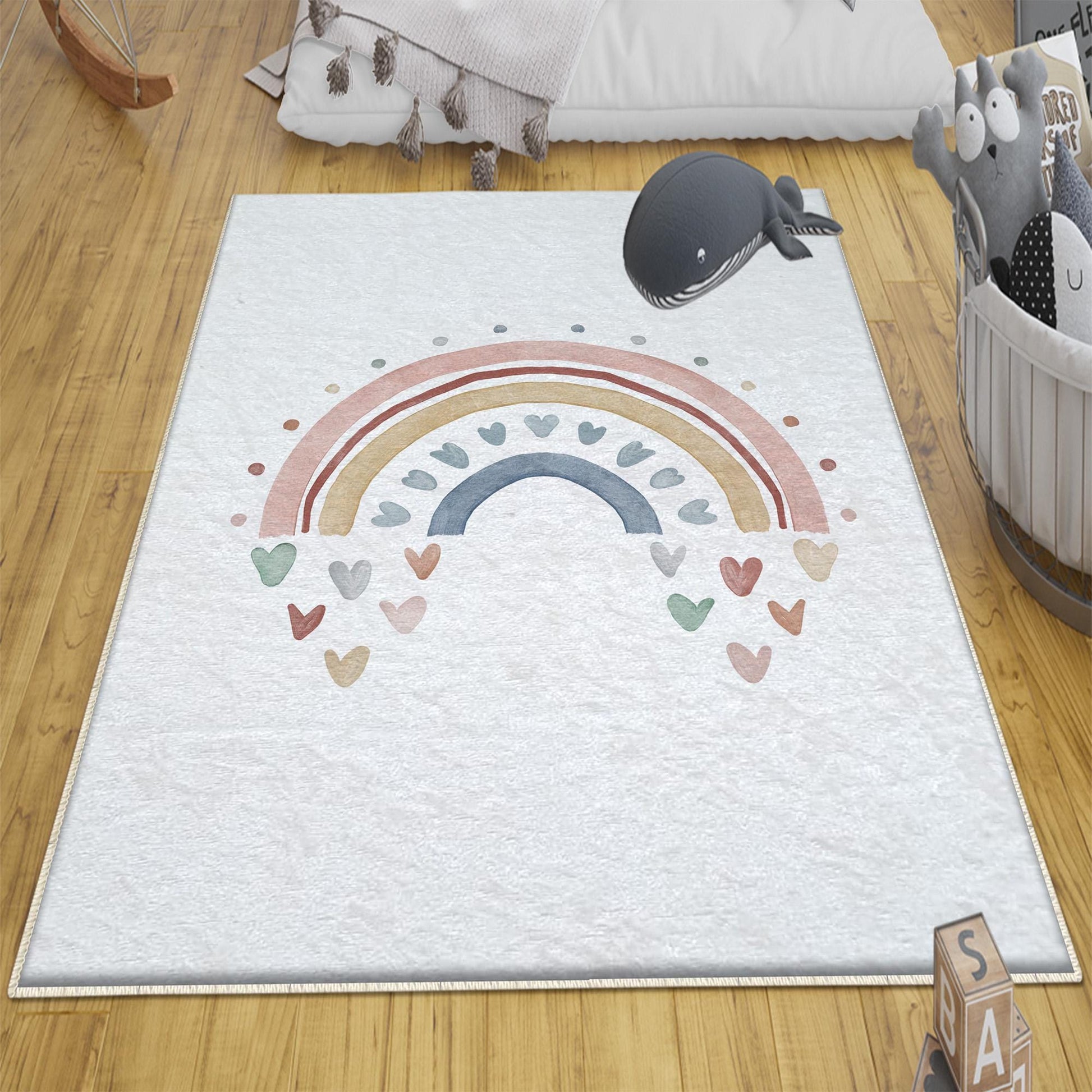 Round Colorful Fairy Rainbow Nursery Room Rug, Cute Pink Rug Gift For Kids, Baby Room Gift, Kids Room Decor with pillow case gift