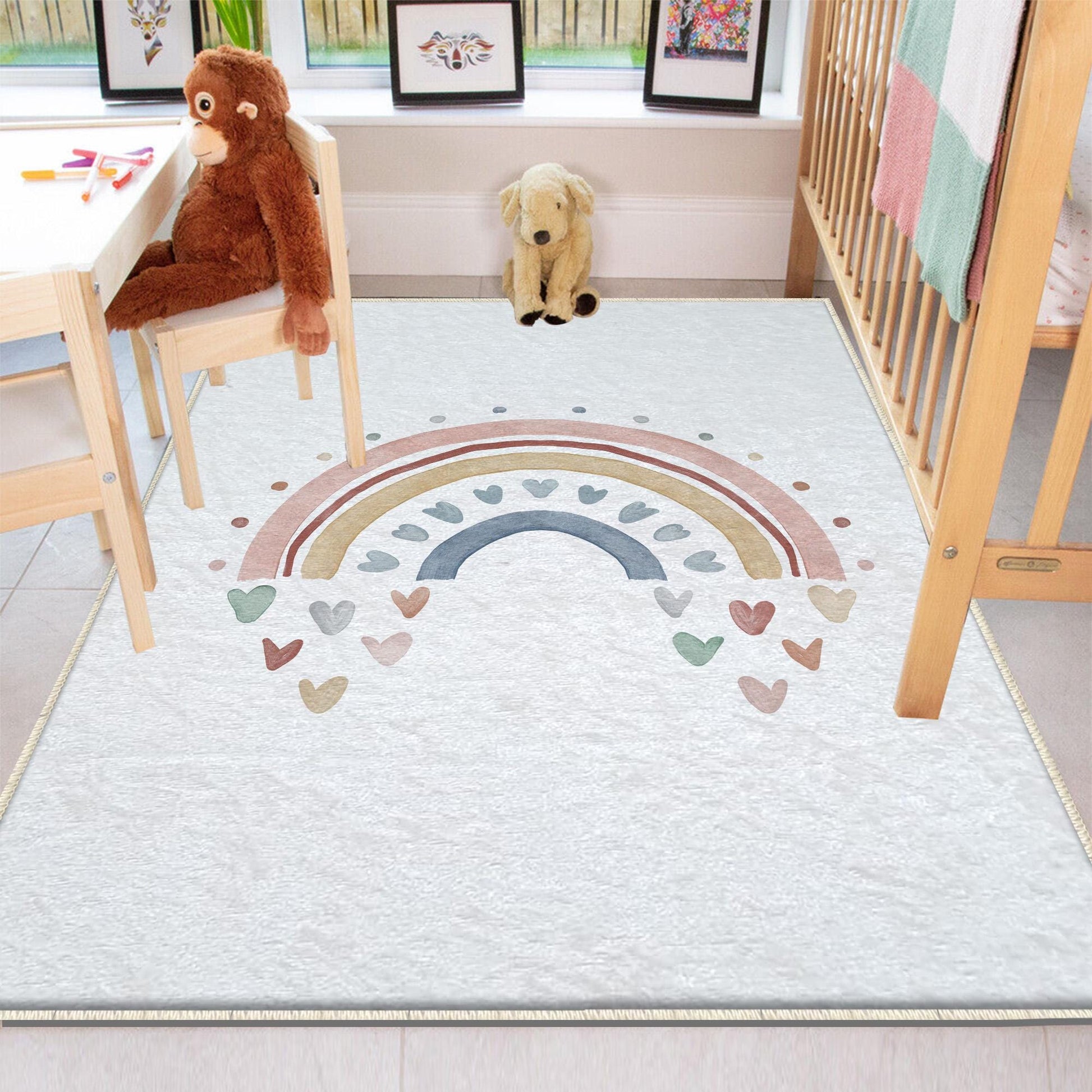 Round Colorful Fairy Rainbow Nursery Room Rug, Cute Pink Rug Gift For Kids, Baby Room Gift, Kids Room Decor with pillow case gift
