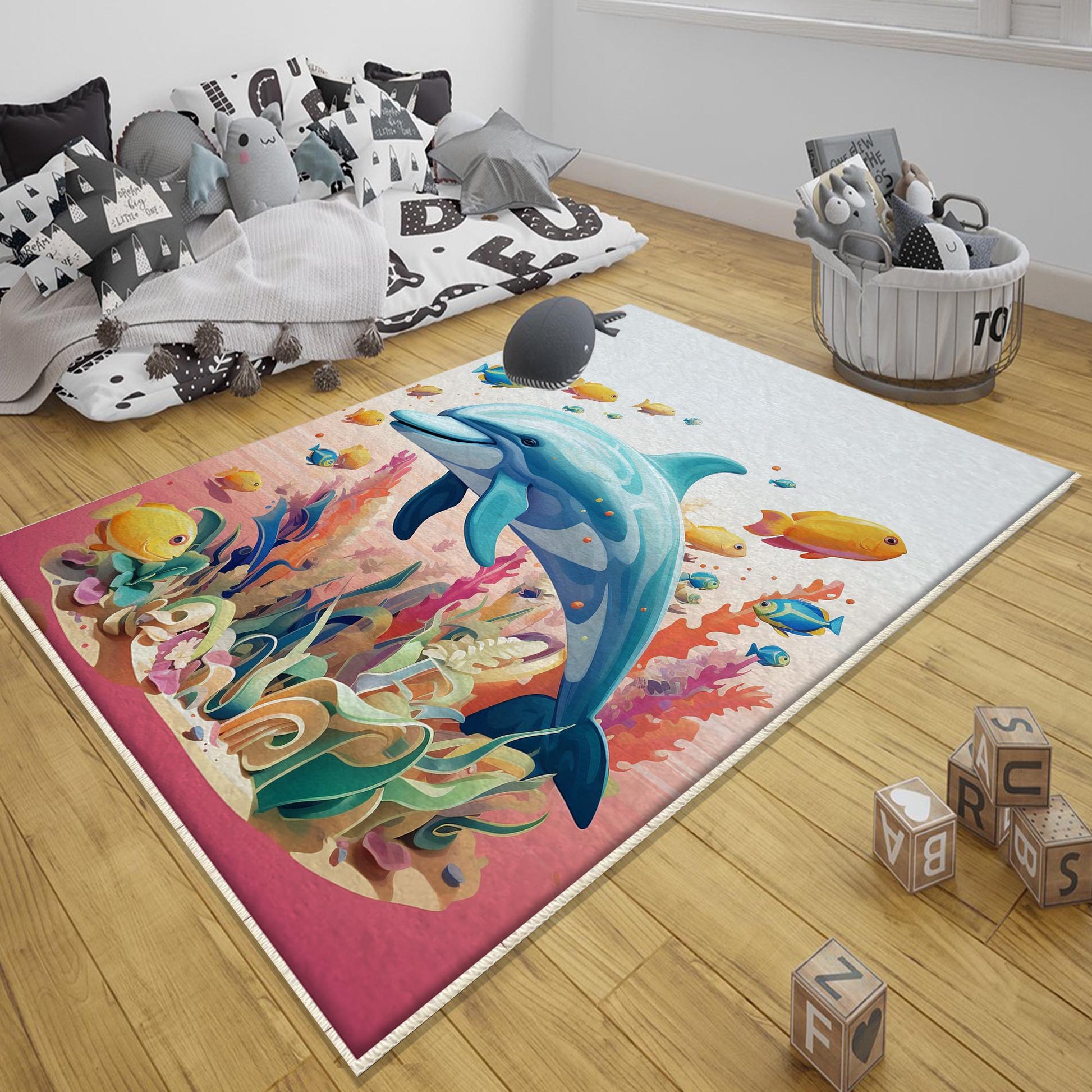 Round Colorful Under Sea Dolphin Fish Nursery Room Rug, Cute Pink Rug Gift For Kids, Baby Room Gift, Kids Room Decor with pillow case gift