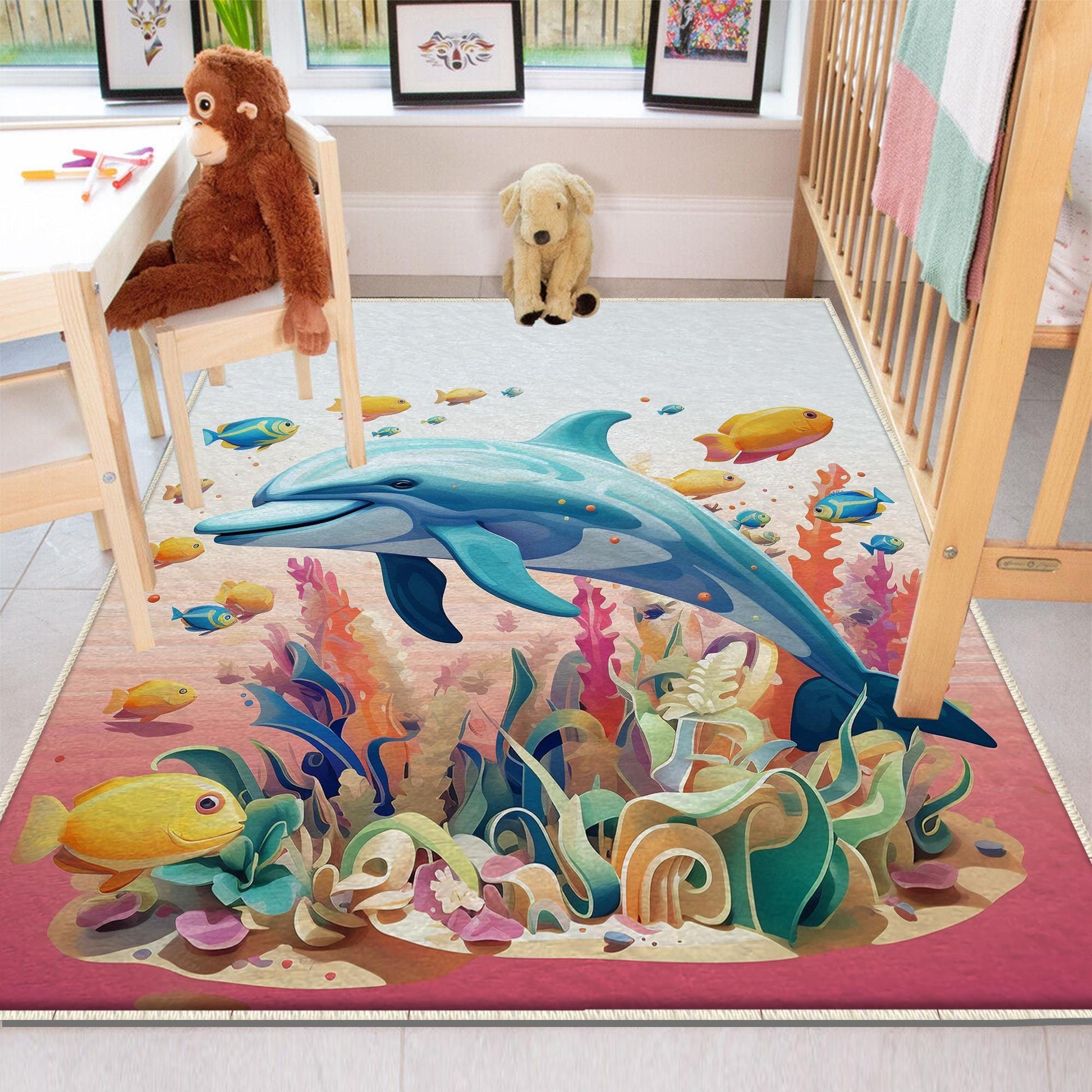 Round Colorful Under Sea Dolphin Fish Nursery Room Rug, Cute Pink Rug Gift For Kids, Baby Room Gift, Kids Room Decor with pillow case gift