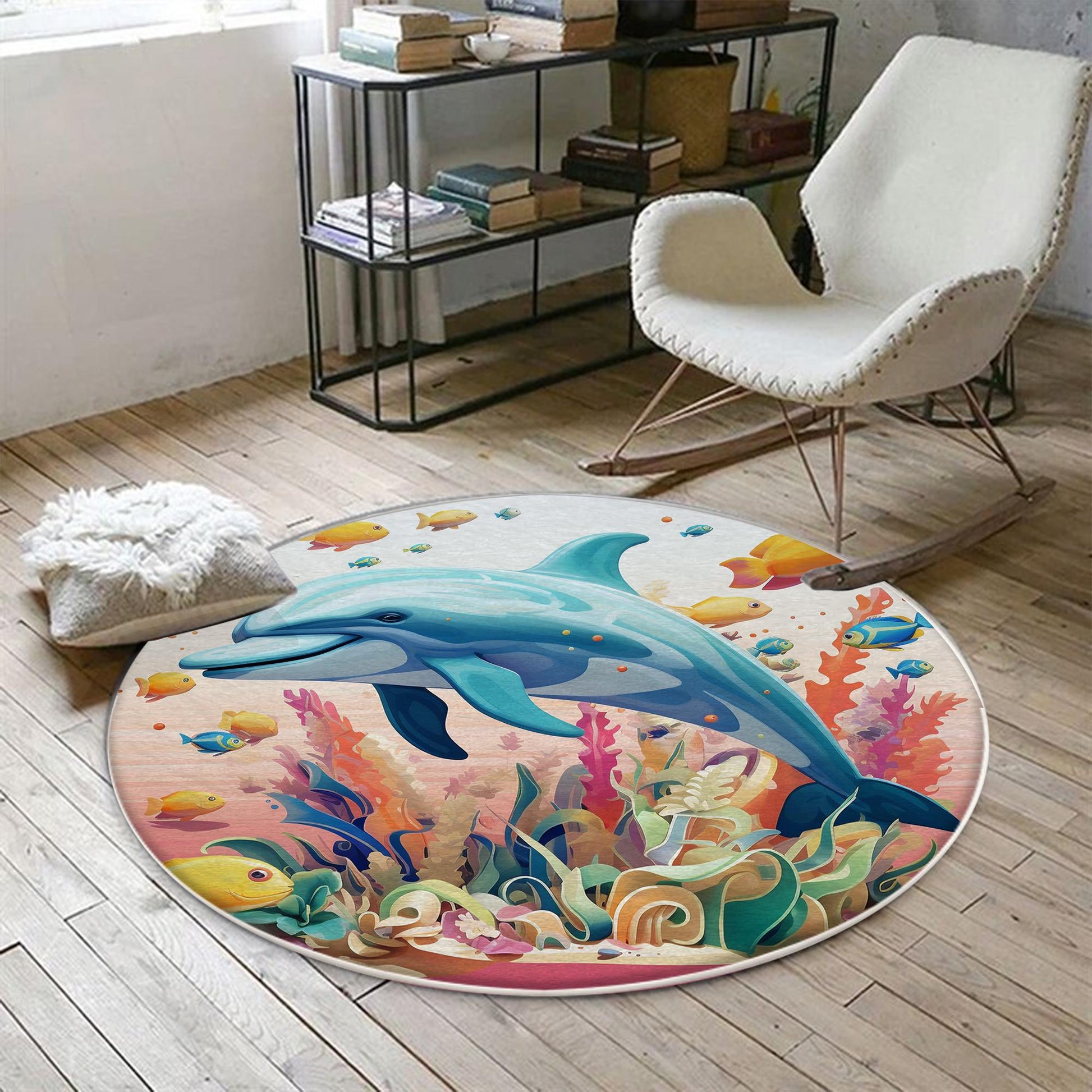 Round Colorful Under Sea Dolphin Fish Nursery Room Rug, Cute Pink Rug Gift For Kids, Baby Room Gift, Kids Room Decor with pillow case gift