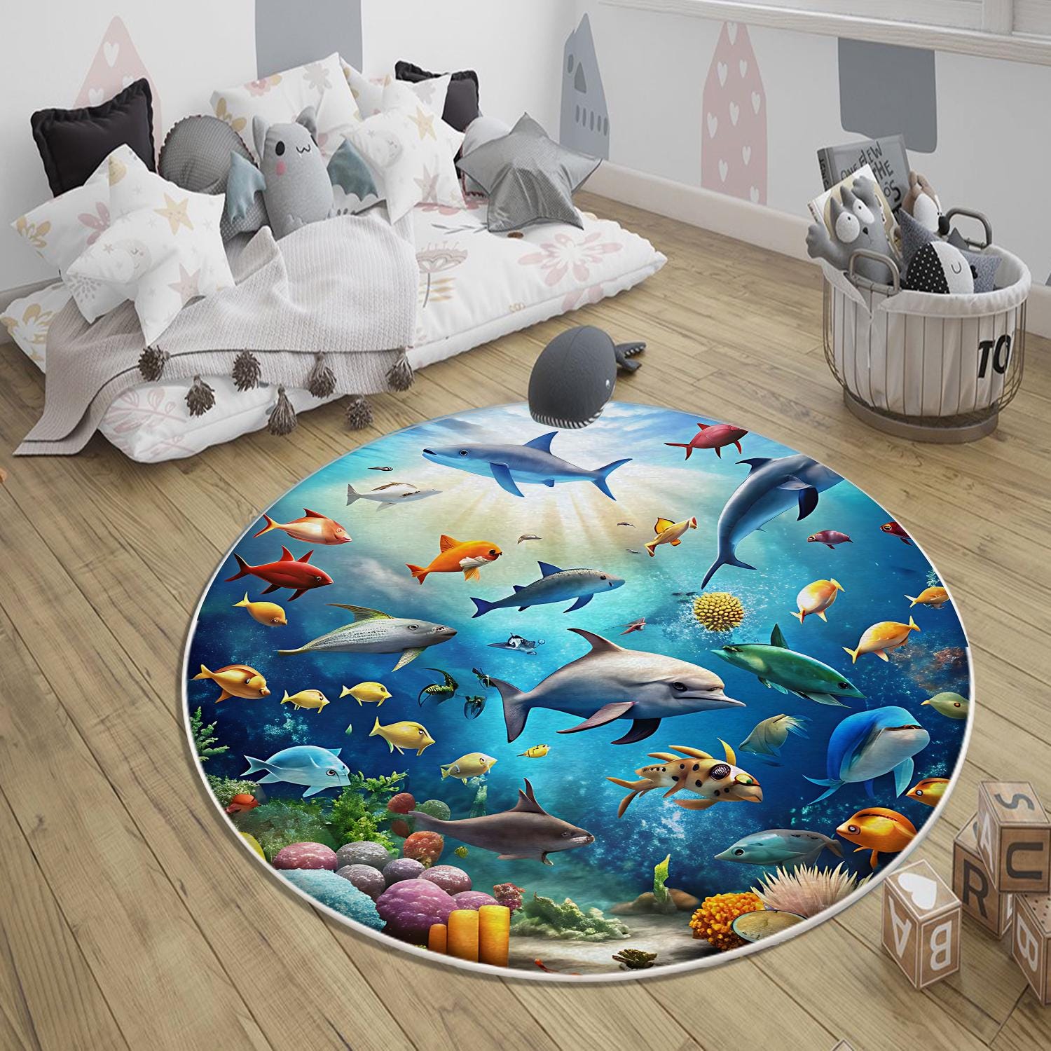 Round Under Sea Fishes Aquarium Nursery Room Rug, Cute Rug Gift For Kids, Baby Room Gift, Kids Room Decor with pillow case gift