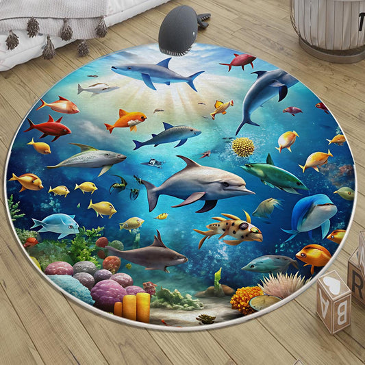 Round Under Sea Fishes Aquarium Nursery Room Rug, Cute Rug Gift For Kids, Baby Room Gift, Kids Room Decor with pillow case gift