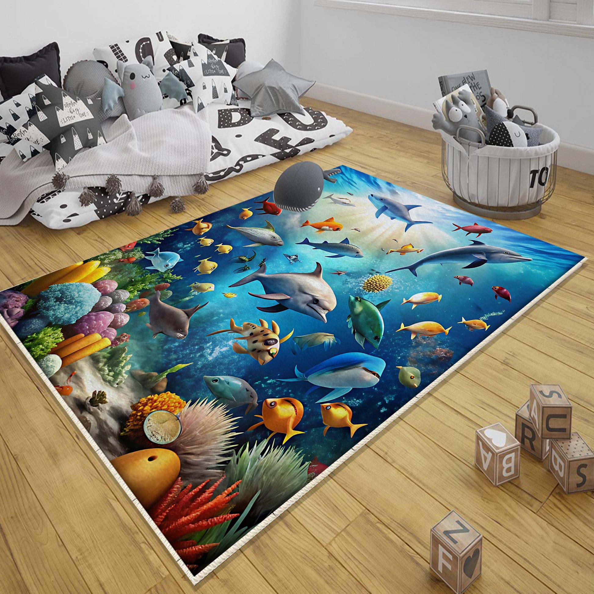 Round Under Sea Fishes Aquarium Nursery Room Rug, Cute Rug Gift For Kids, Baby Room Gift, Kids Room Decor with pillow case gift