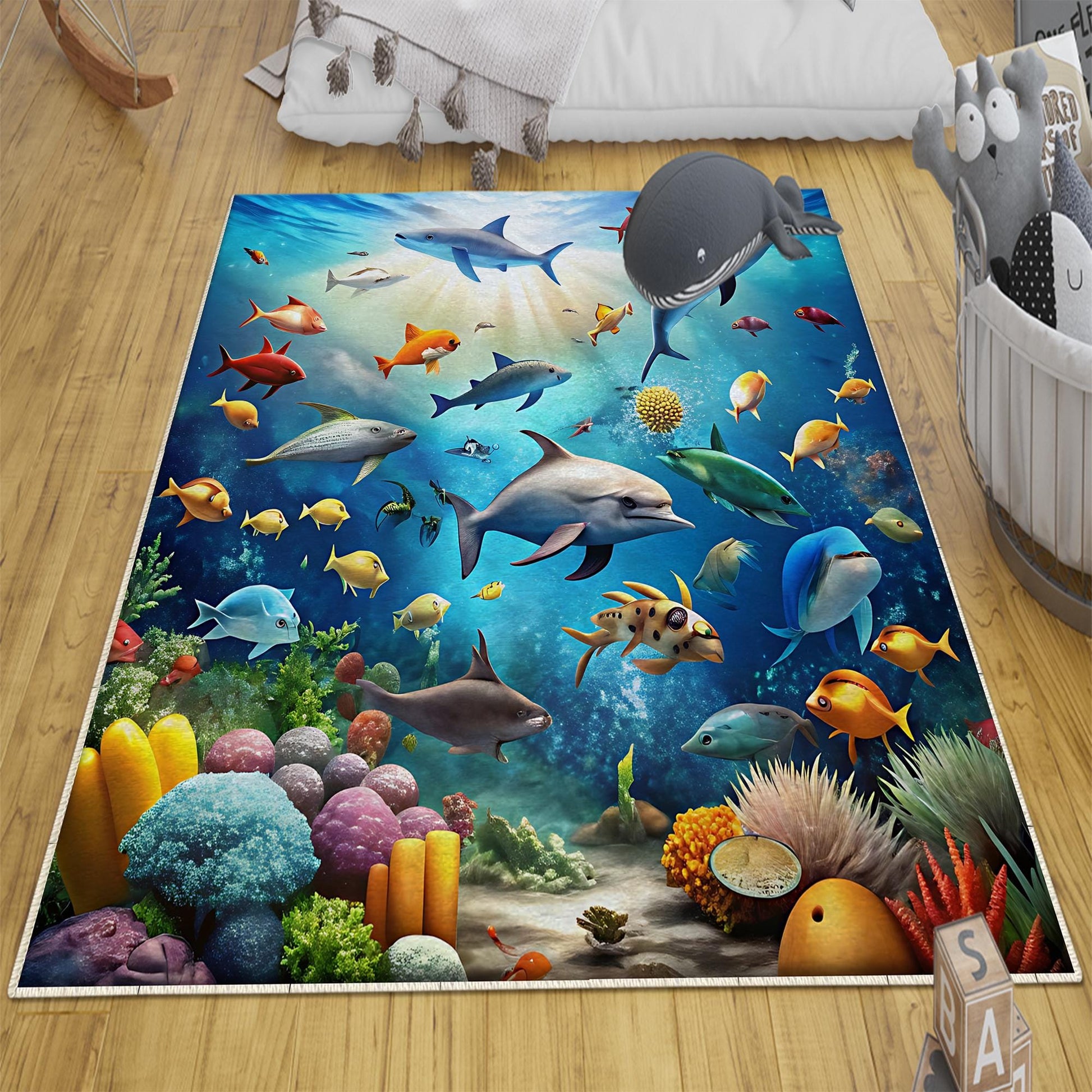Round Under Sea Fishes Aquarium Nursery Room Rug, Cute Rug Gift For Kids, Baby Room Gift, Kids Room Decor with pillow case gift