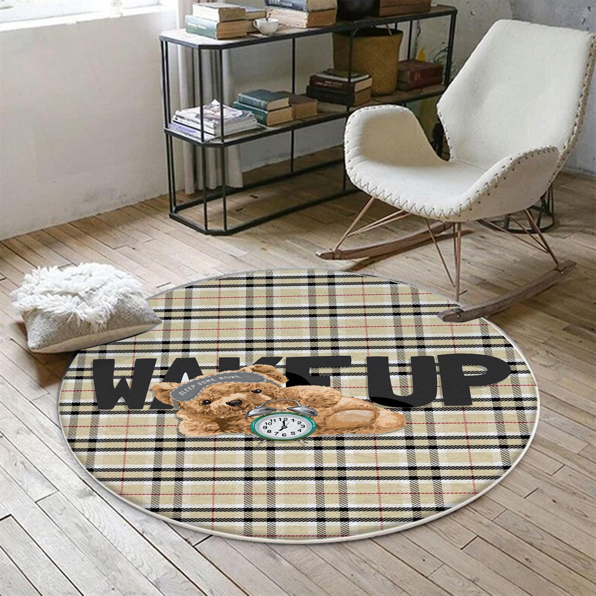 Round Wake up Cute Sleepy Bear Nursery Room Rug, Cute Rug Gift For Kids, Baby Room Gift, Kids Room Decor with pillow case gift