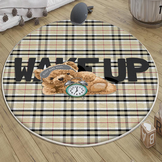 Round Wake up Cute Sleepy Bear Nursery Room Rug, Cute Rug Gift For Kids, Baby Room Gift, Kids Room Decor with pillow case gift