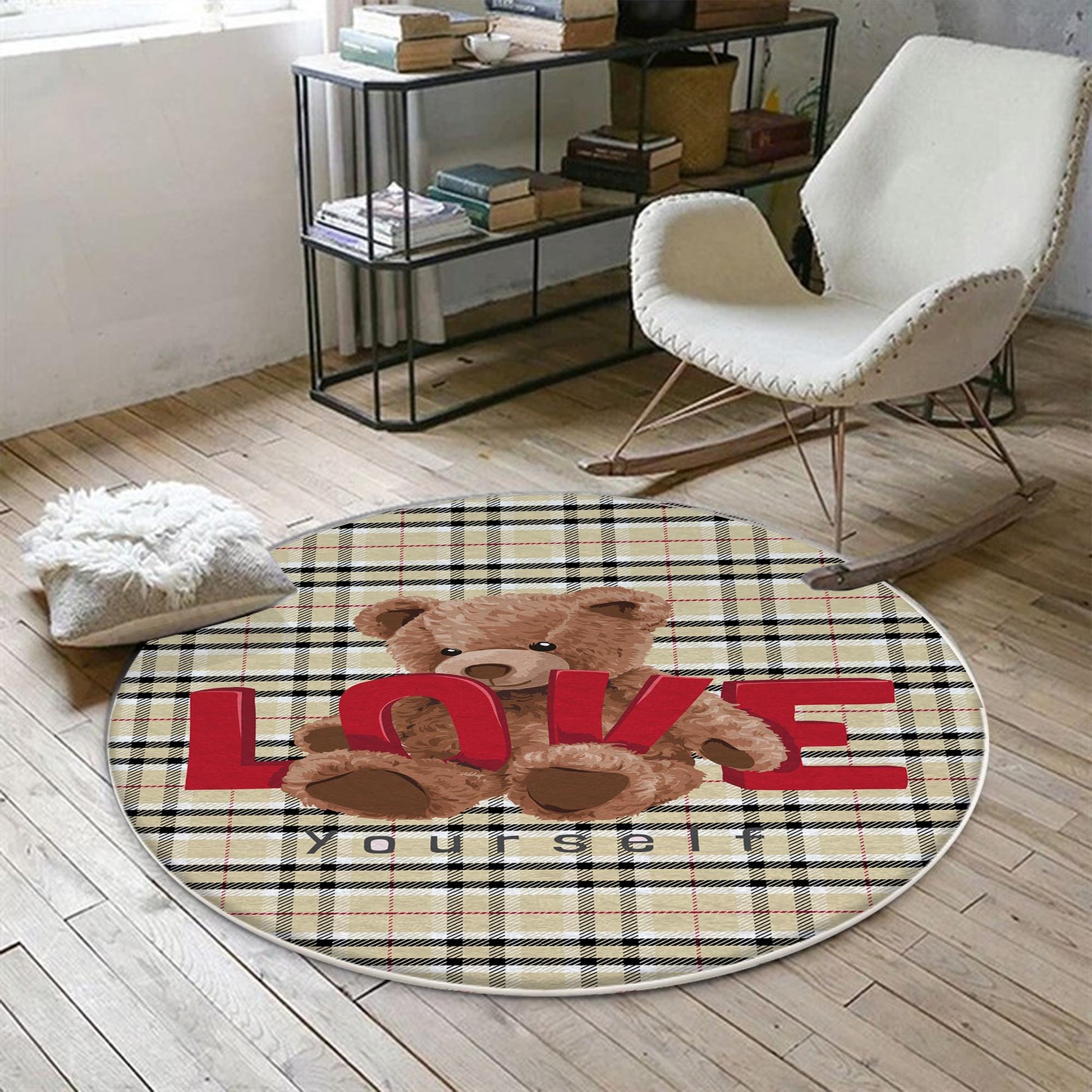 Round Cute Bear Nursery Room Rug, Cute Rug Gift For Kids, Baby Room Gift, Kids Room Decor with pillow case gift