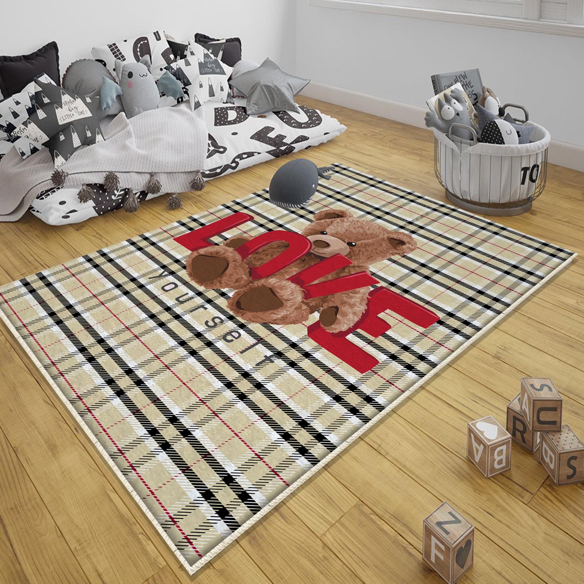 Round Cute Bear Nursery Room Rug, Cute Rug Gift For Kids, Baby Room Gift, Kids Room Decor with pillow case gift