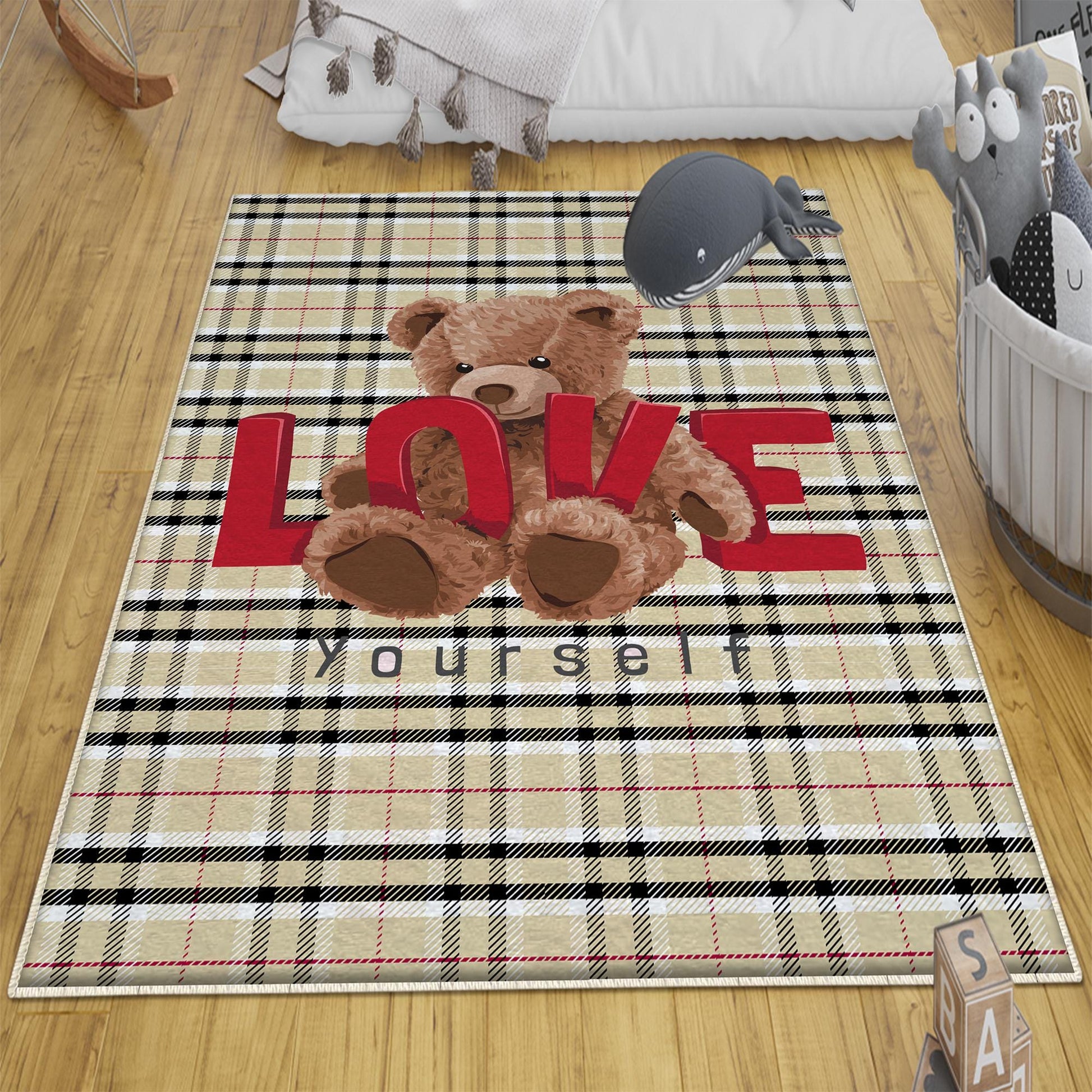 Round Cute Bear Nursery Room Rug, Cute Rug Gift For Kids, Baby Room Gift, Kids Room Decor with pillow case gift