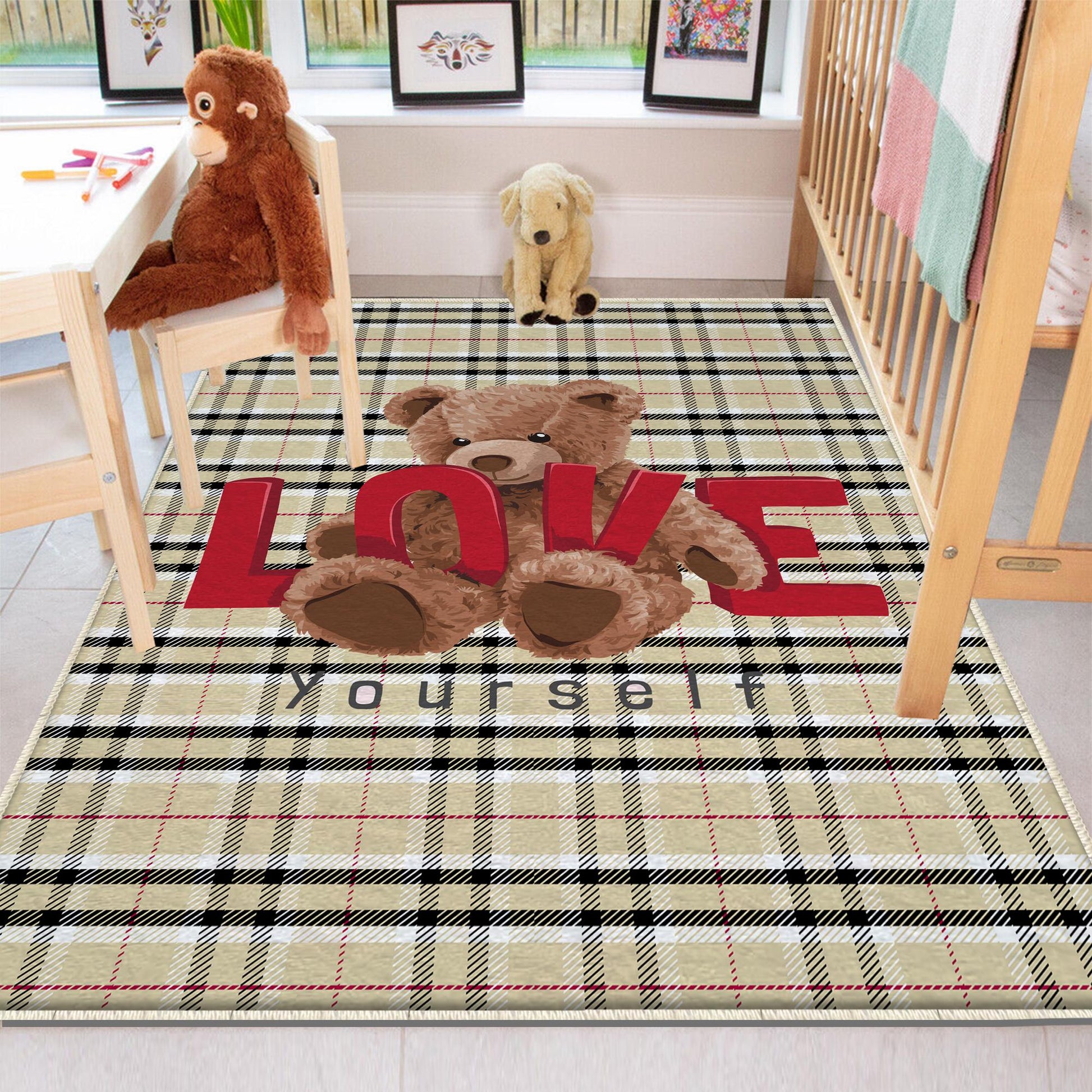 Round Cute Bear Nursery Room Rug, Cute Rug Gift For Kids, Baby Room Gift, Kids Room Decor with pillow case gift