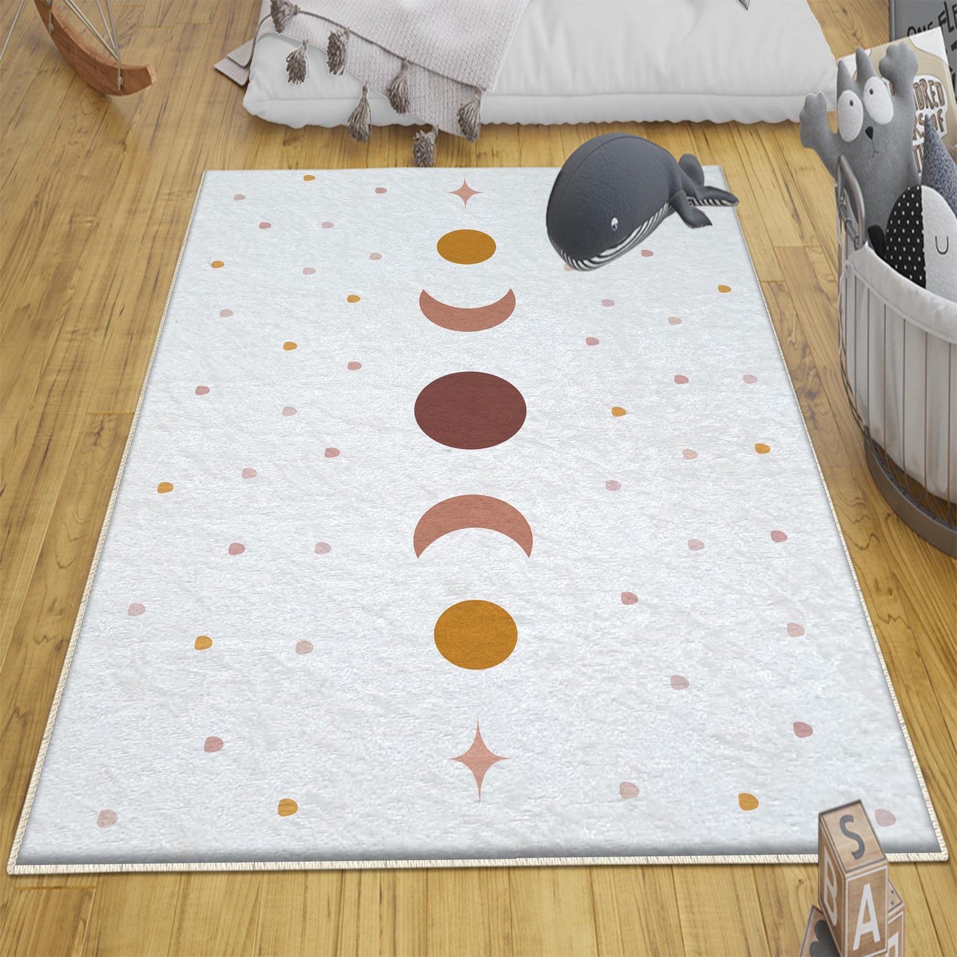Round Mystic Moon Stars Boho Kids Nursery Room Rug, Cute Rug Gift For Kids, Baby Room Gift, Kids Room Decor with pillow case gift