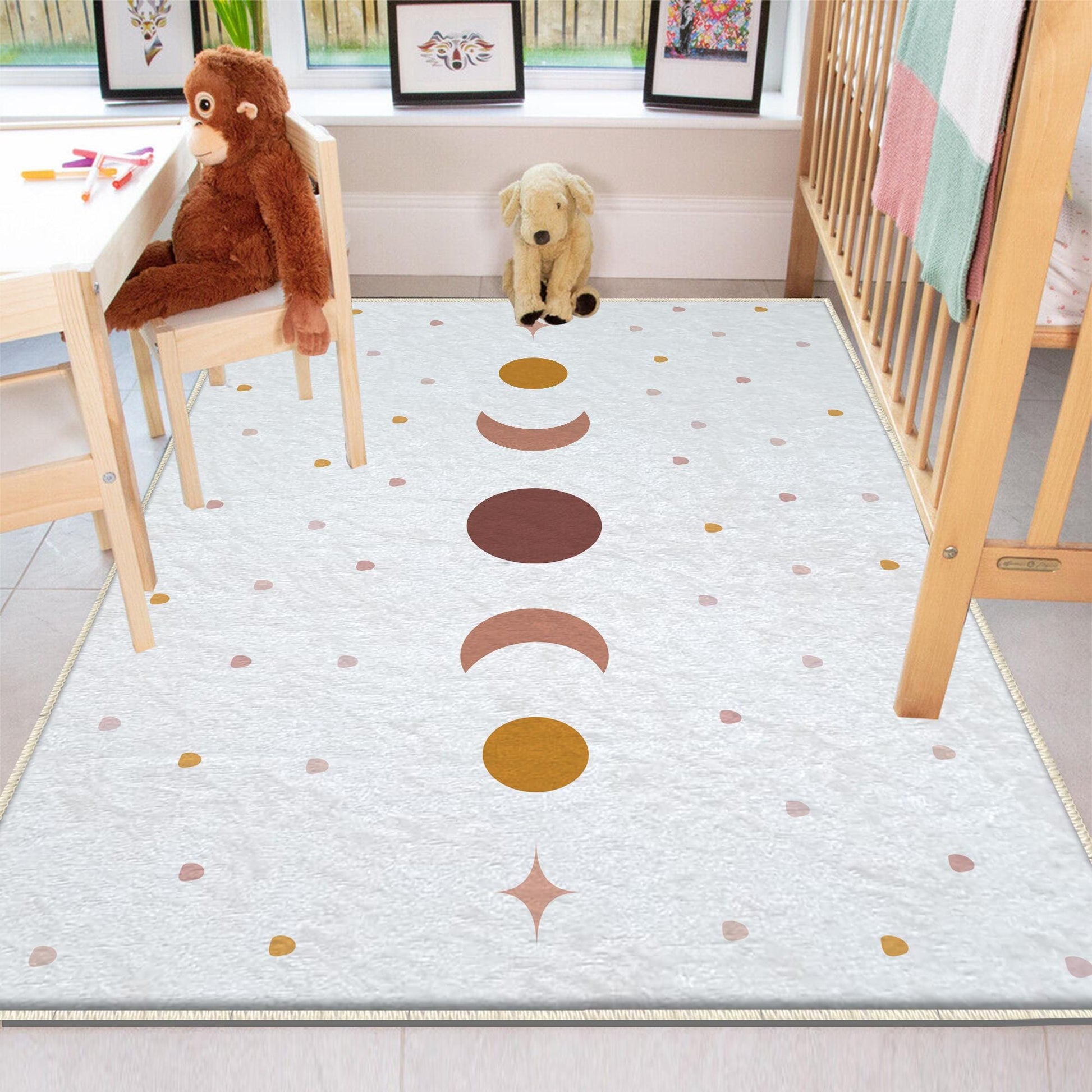 Round Mystic Moon Stars Boho Kids Nursery Room Rug, Cute Rug Gift For Kids, Baby Room Gift, Kids Room Decor with pillow case gift