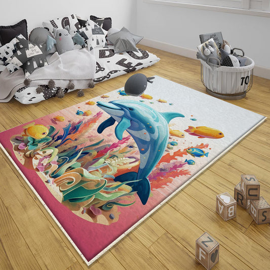 Colorful Under Sea Dolphin Fish Girl Nursery Room Rug, Cute Pink Rug Gift For Kids, Baby Room Gift, Kids Room Decor with pillow case gift