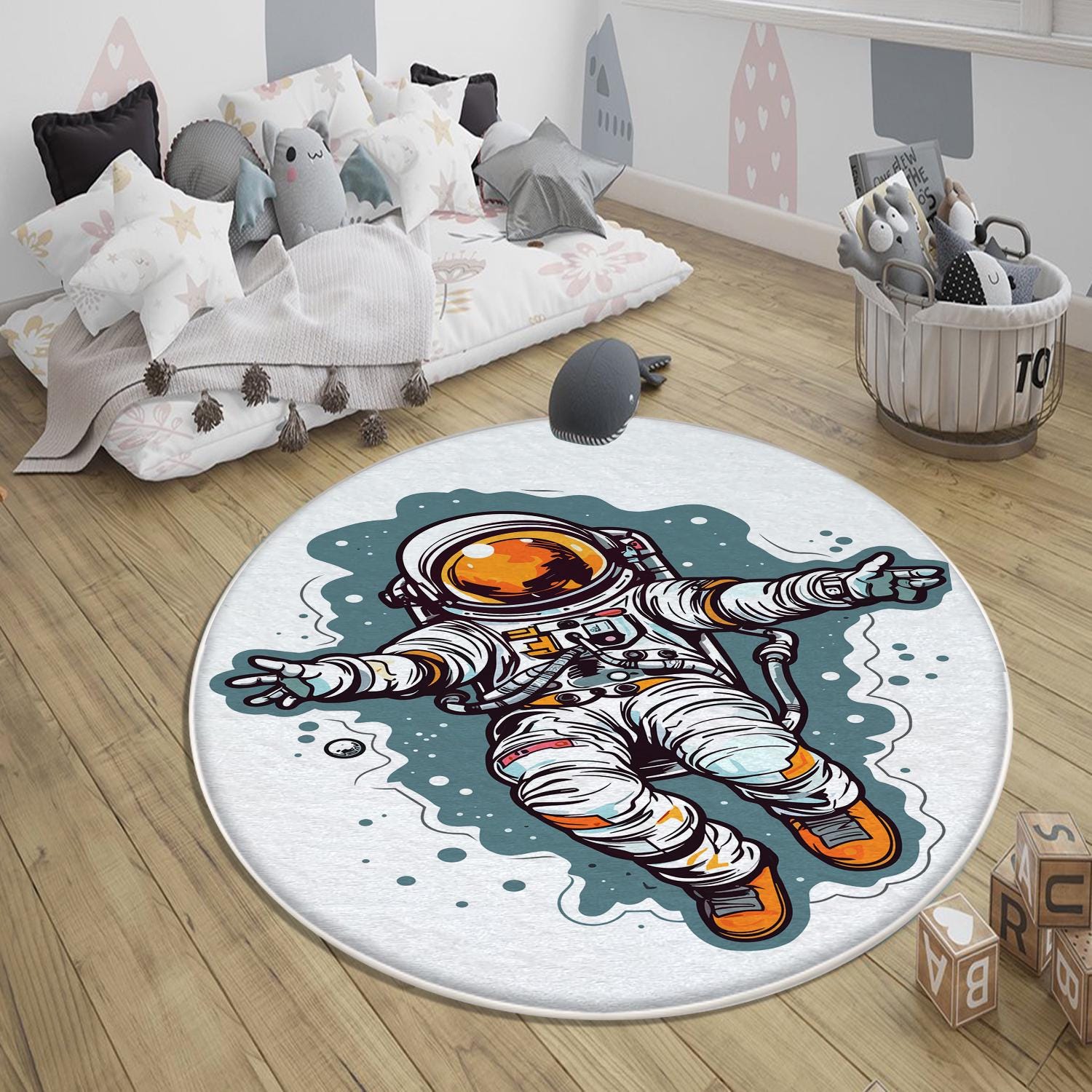 Round Space Themed Astronaut Kids Nursery Room Rug, Cute Rug Gift For Kids, Baby Room Gift, Kids Room Decor with pillow case gift